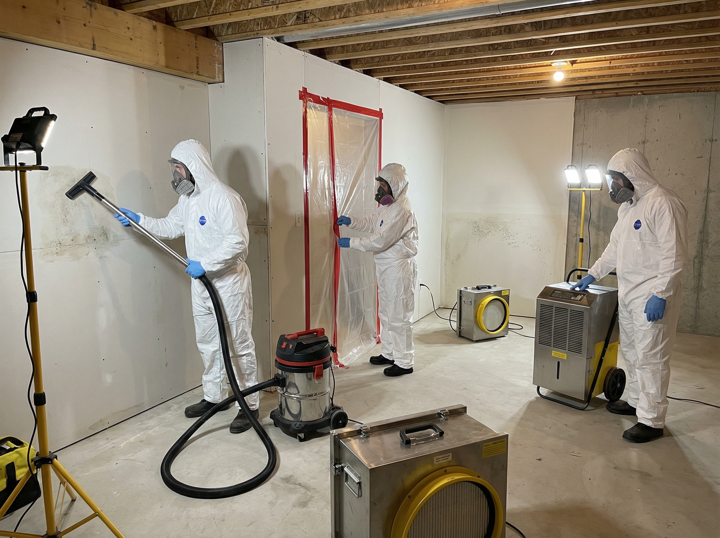 Professional mould remediation team in protective suits performing containment and HEPA vacuuming