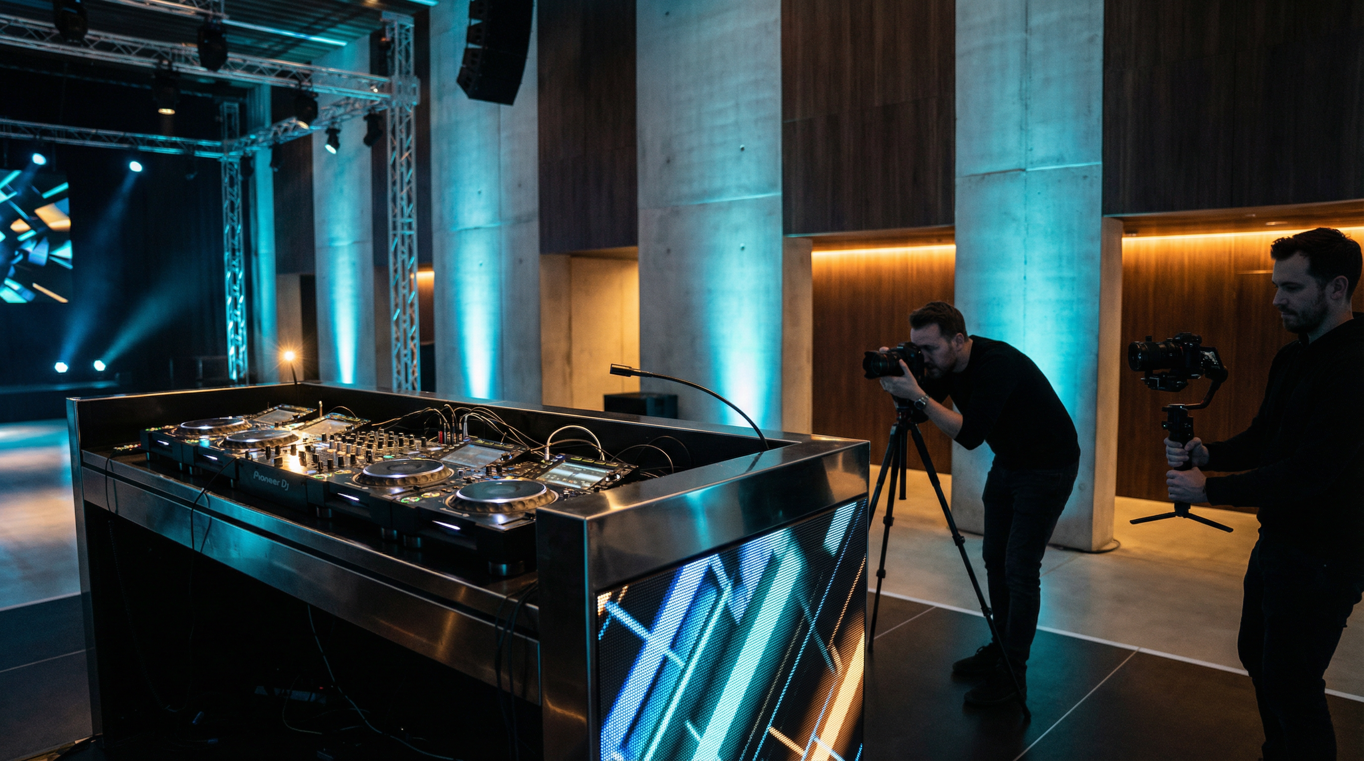 Professional event production setup with DJ equipment and cinematic lighting