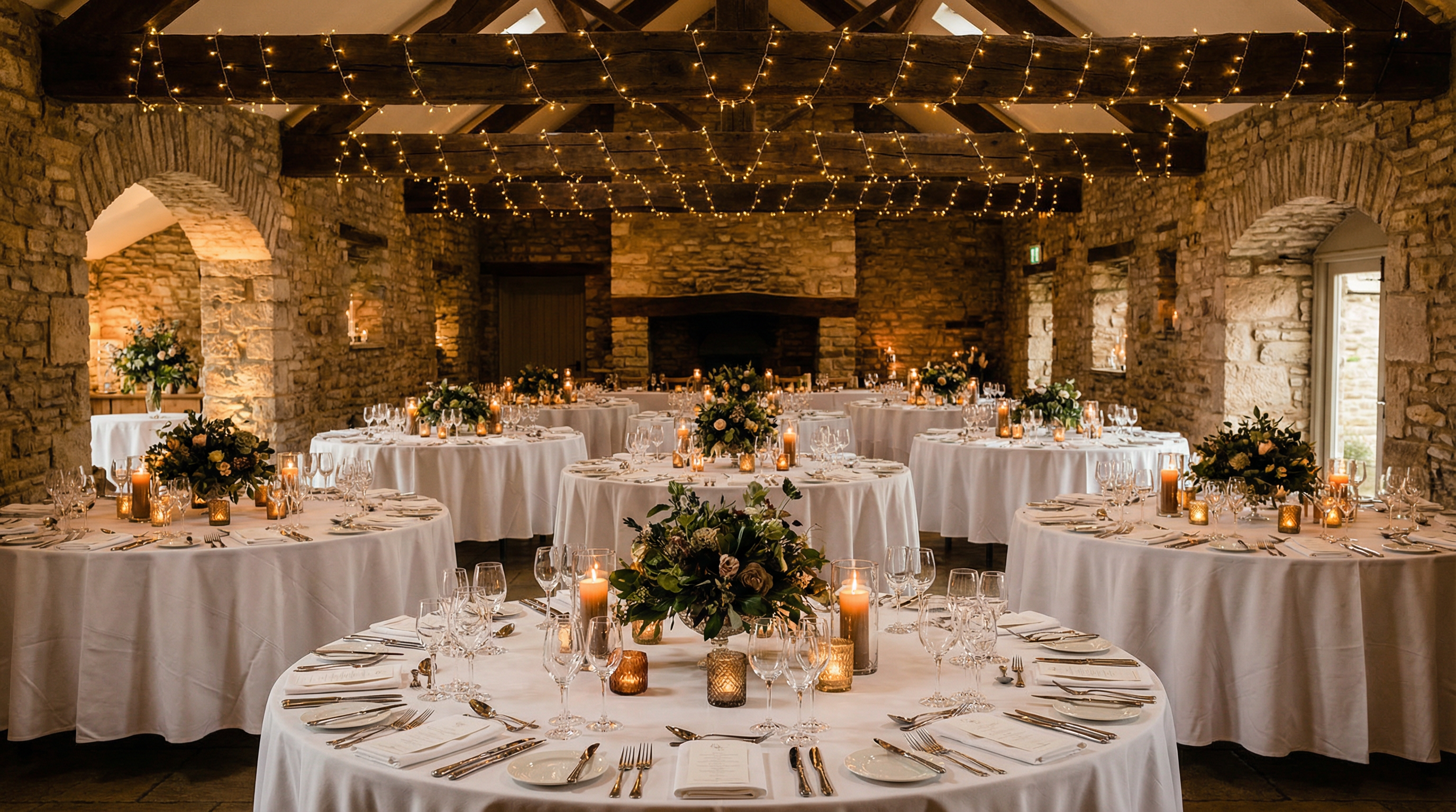 Rustic stone venue interior set for a Premier Caterers reception dinner with fairy lights and candles