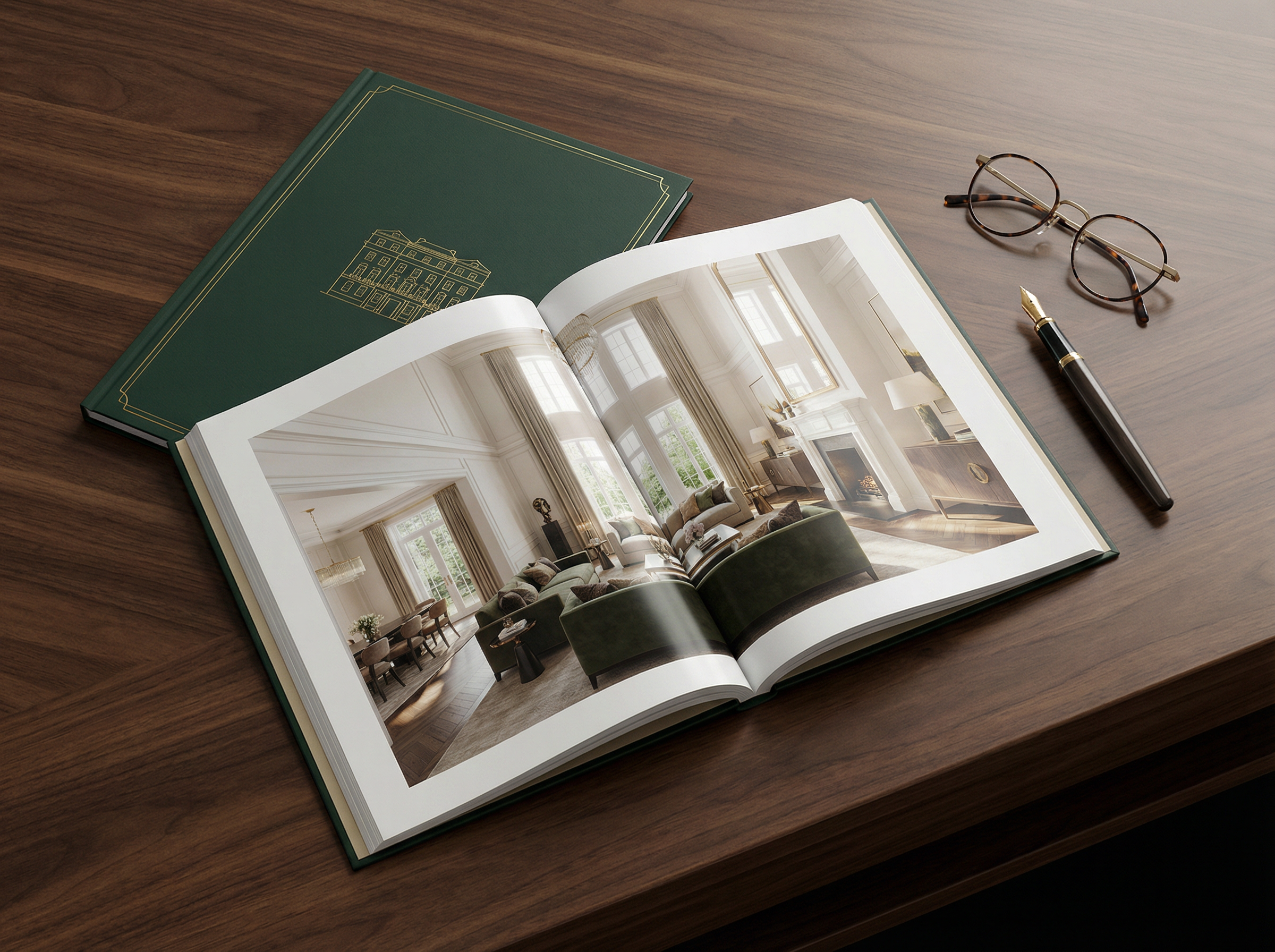 Premium luxury property brochure open on a walnut desk with fountain pen and reading glasses