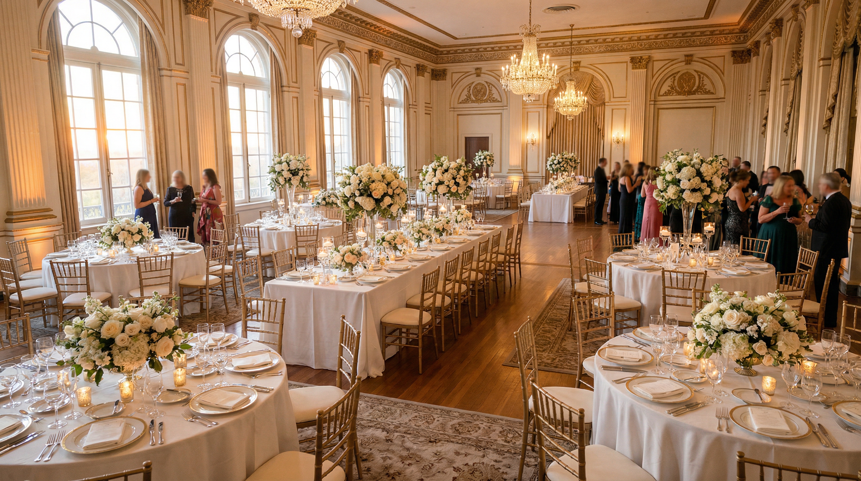 Elegant wedding reception with beautifully set tables and floral centerpieces