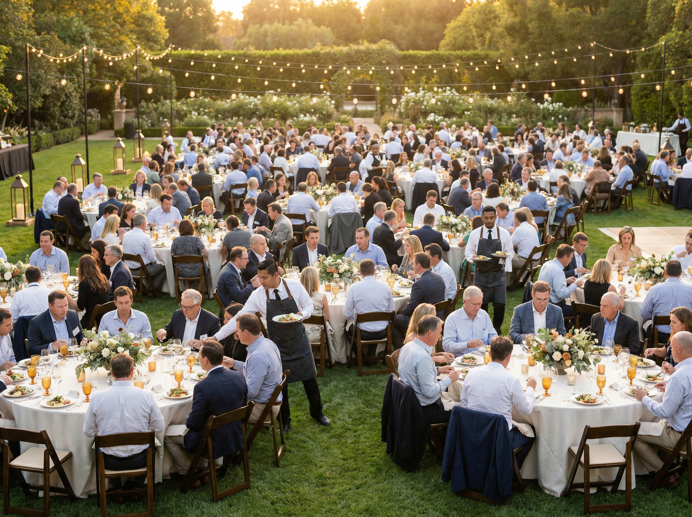 Large outdoor corporate event with round tables and catering staff serving guests at golden hour