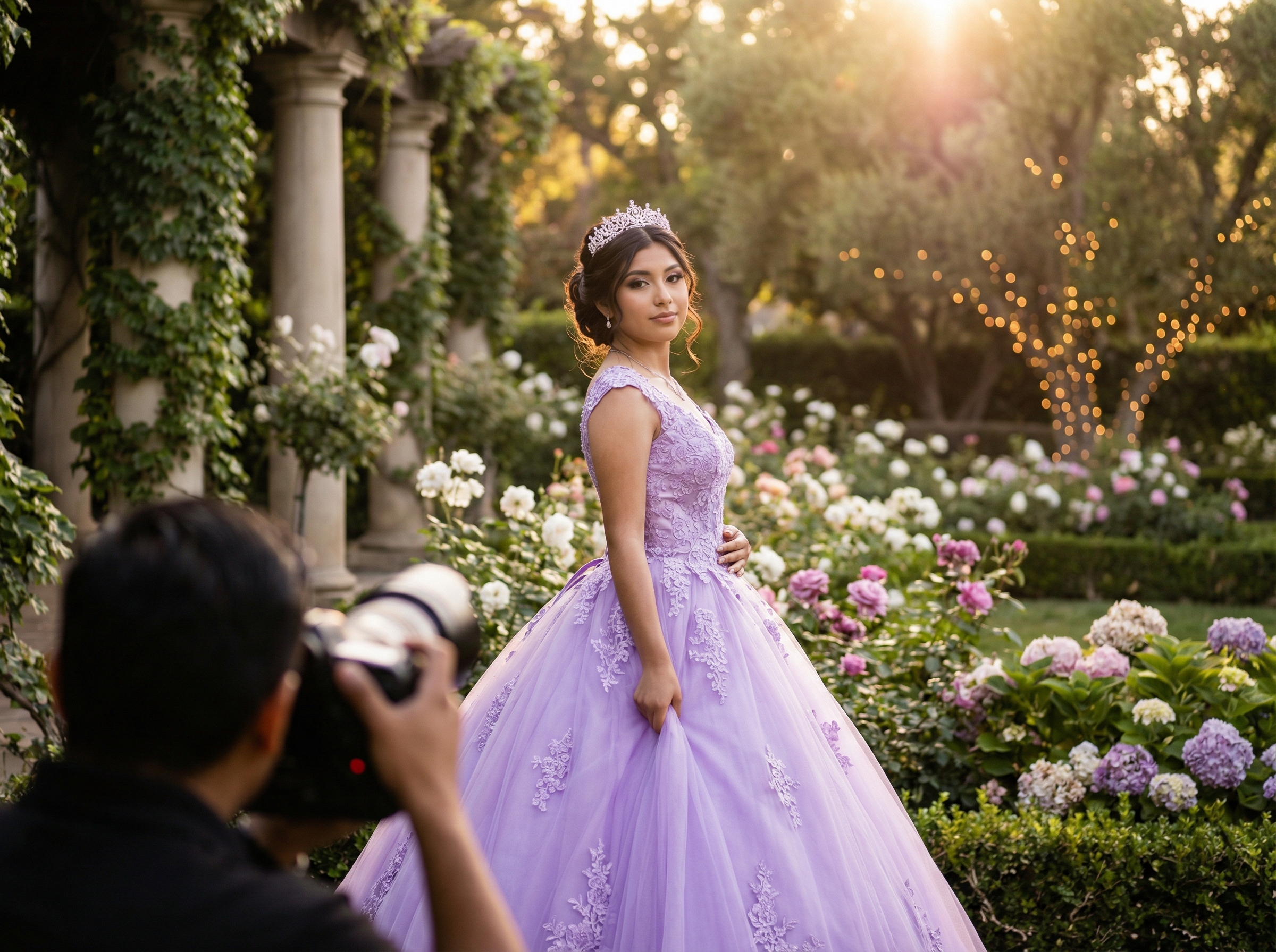 Professional photographer capturing a quinceañera portrait in a garden