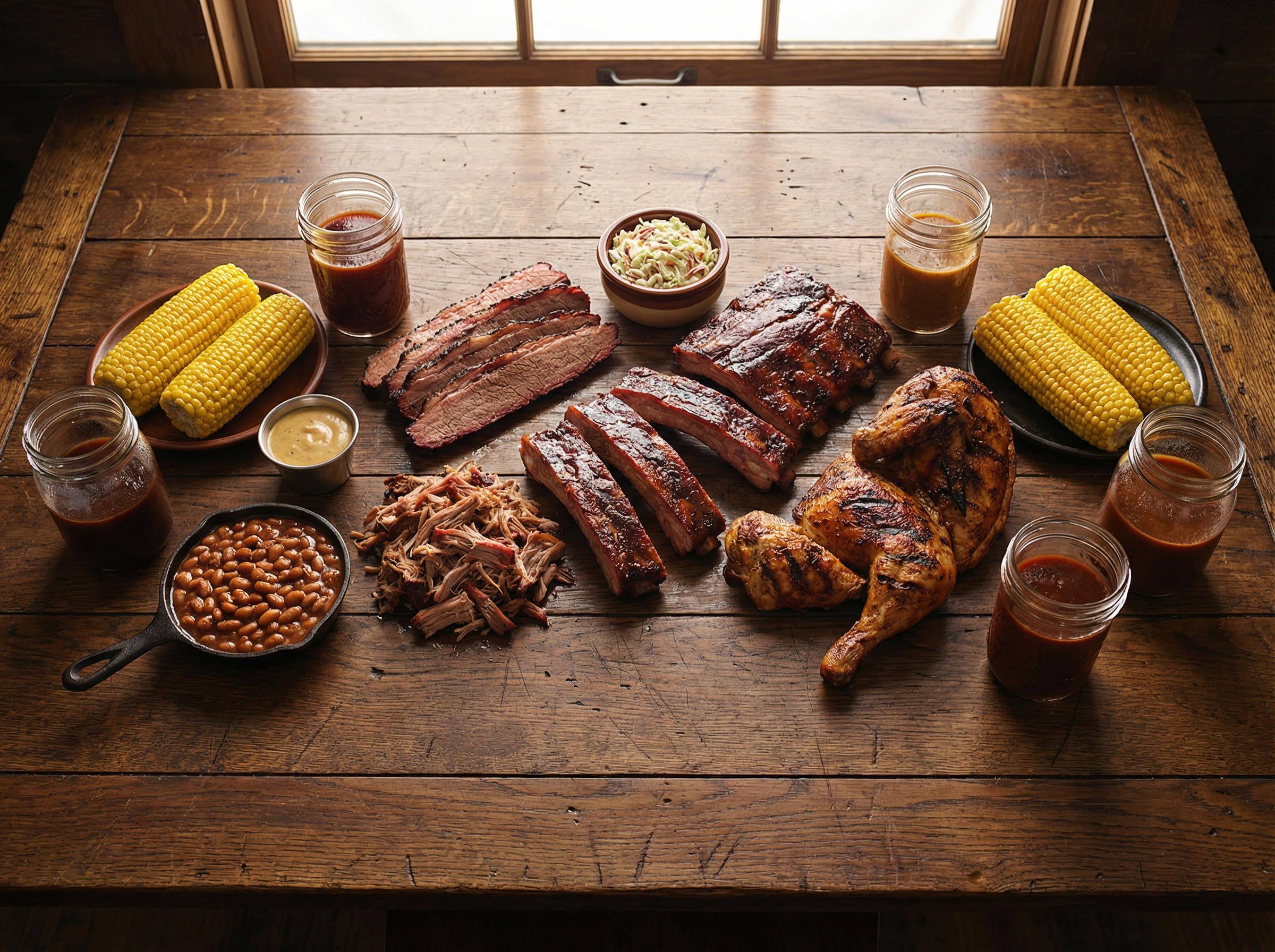 BBQ feast spread featuring brisket, ribs, pulled pork, chicken, corn, baked beans and sauces