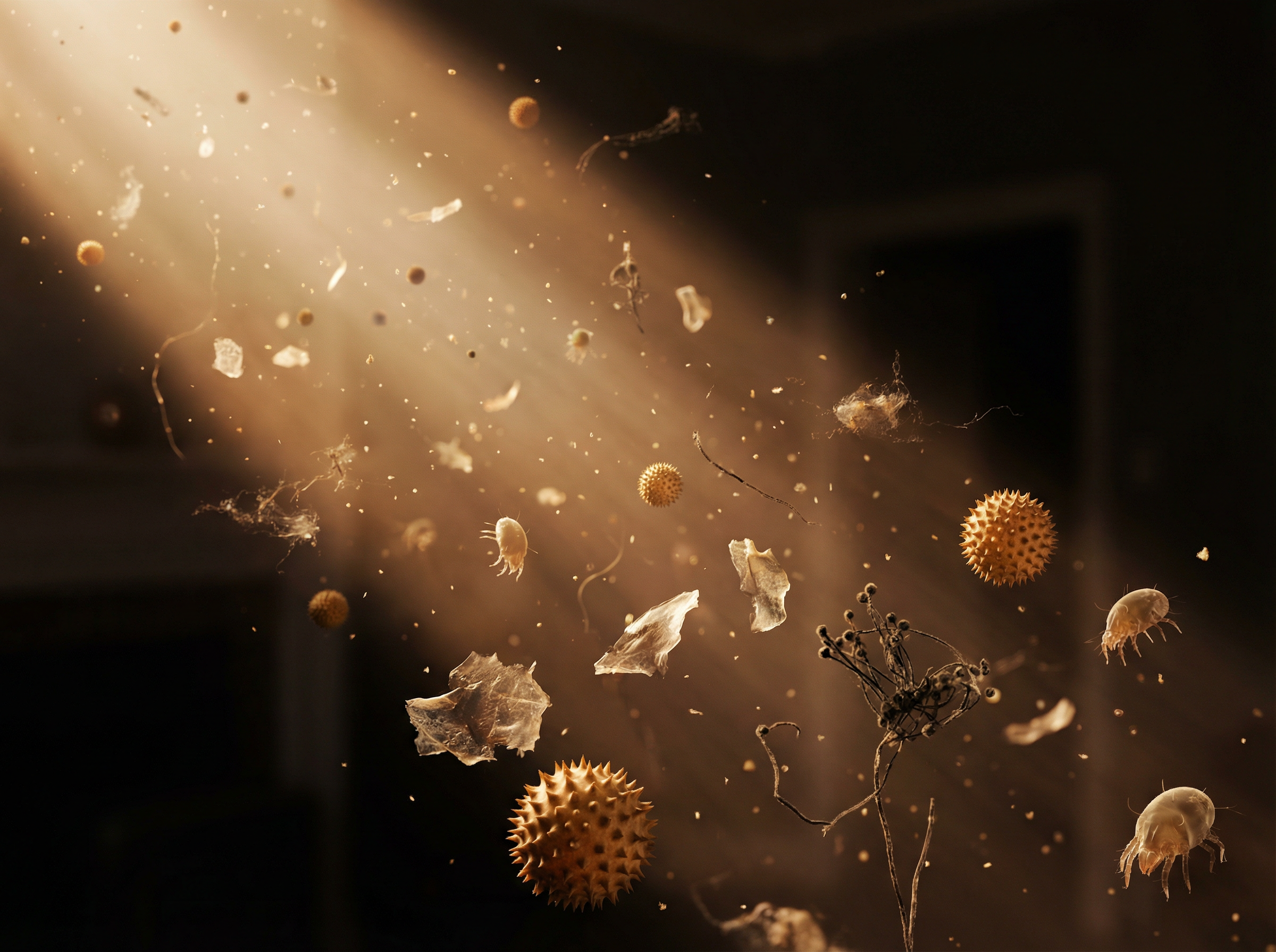 Microscopic view of airborne allergens, mould spores, and dust particles floating in indoor air