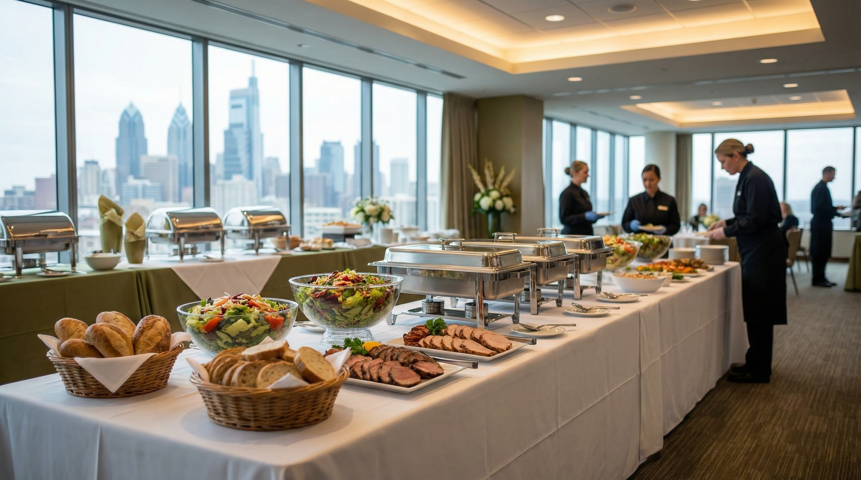Elegant corporate catering buffet setup with professional staff