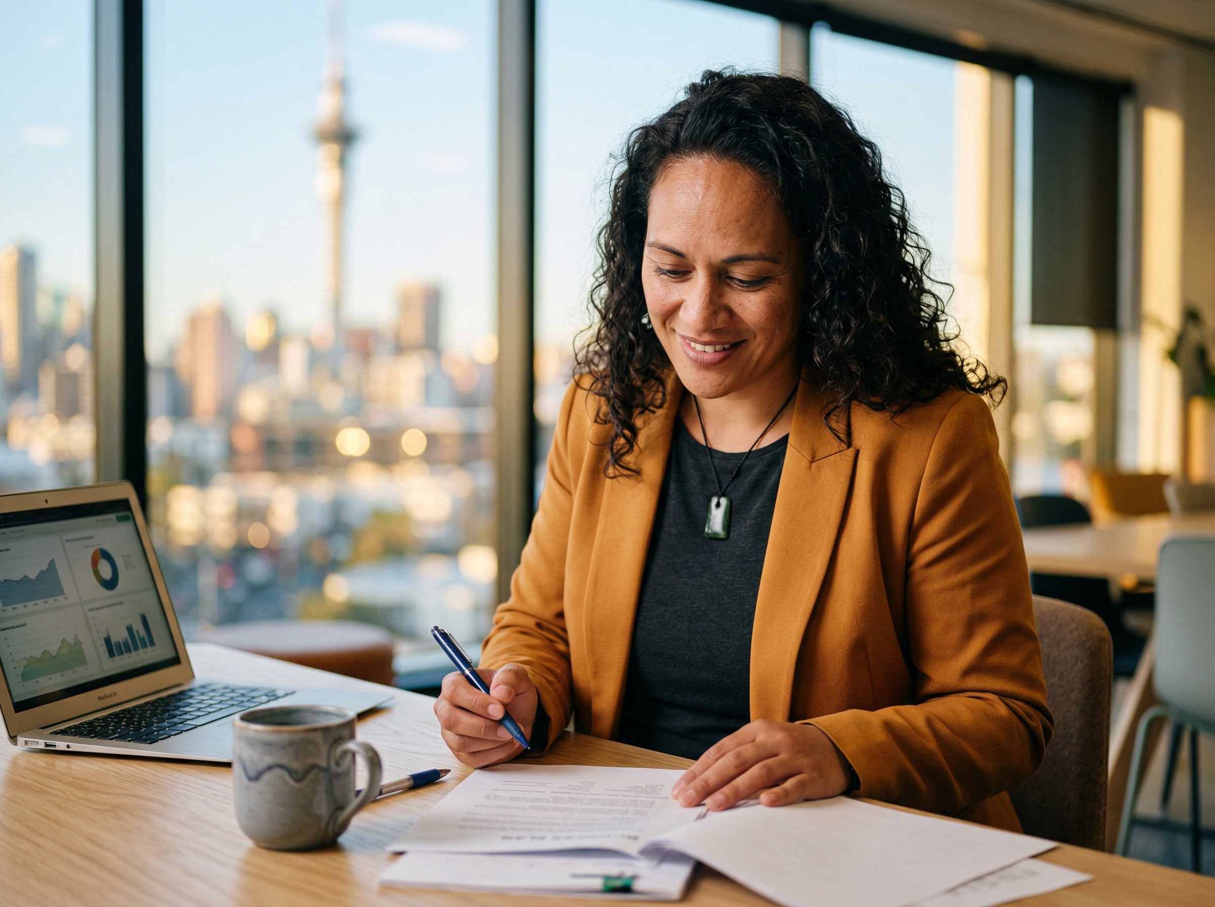 Business professional reviewing documents in Auckland office
