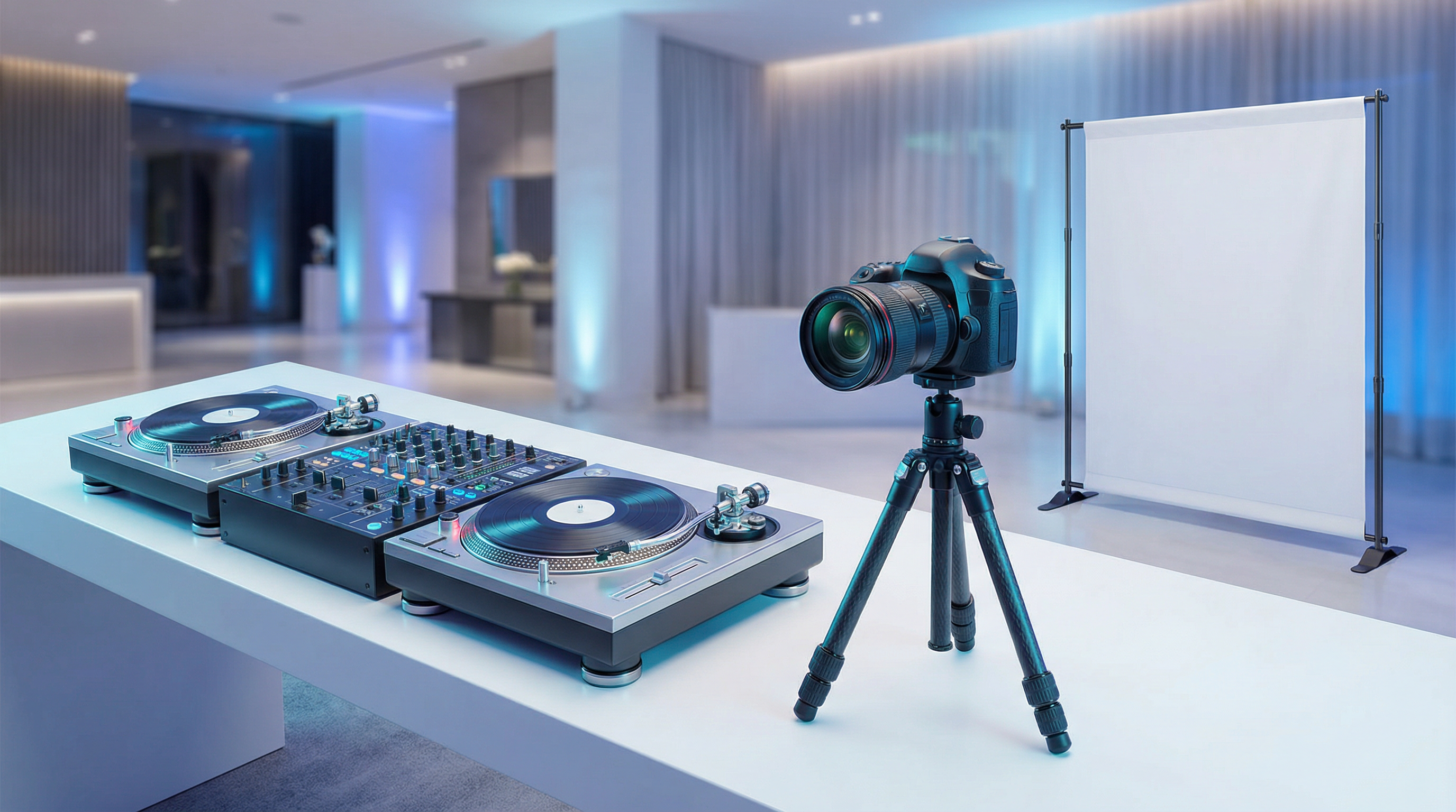 Professional event production equipment including DJ turntables and camera