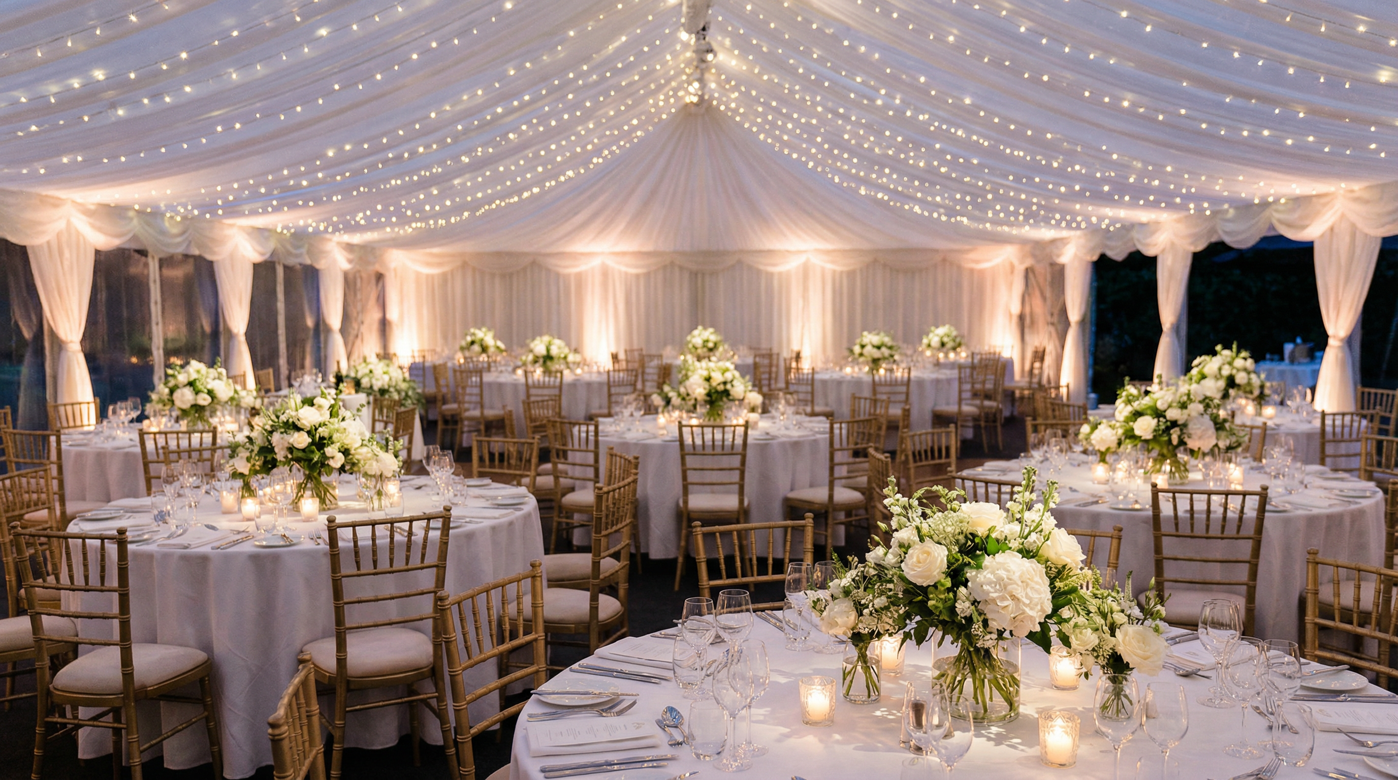 Beautifully decorated marquee interior with fairy lights, round tables, and floral centerpieces