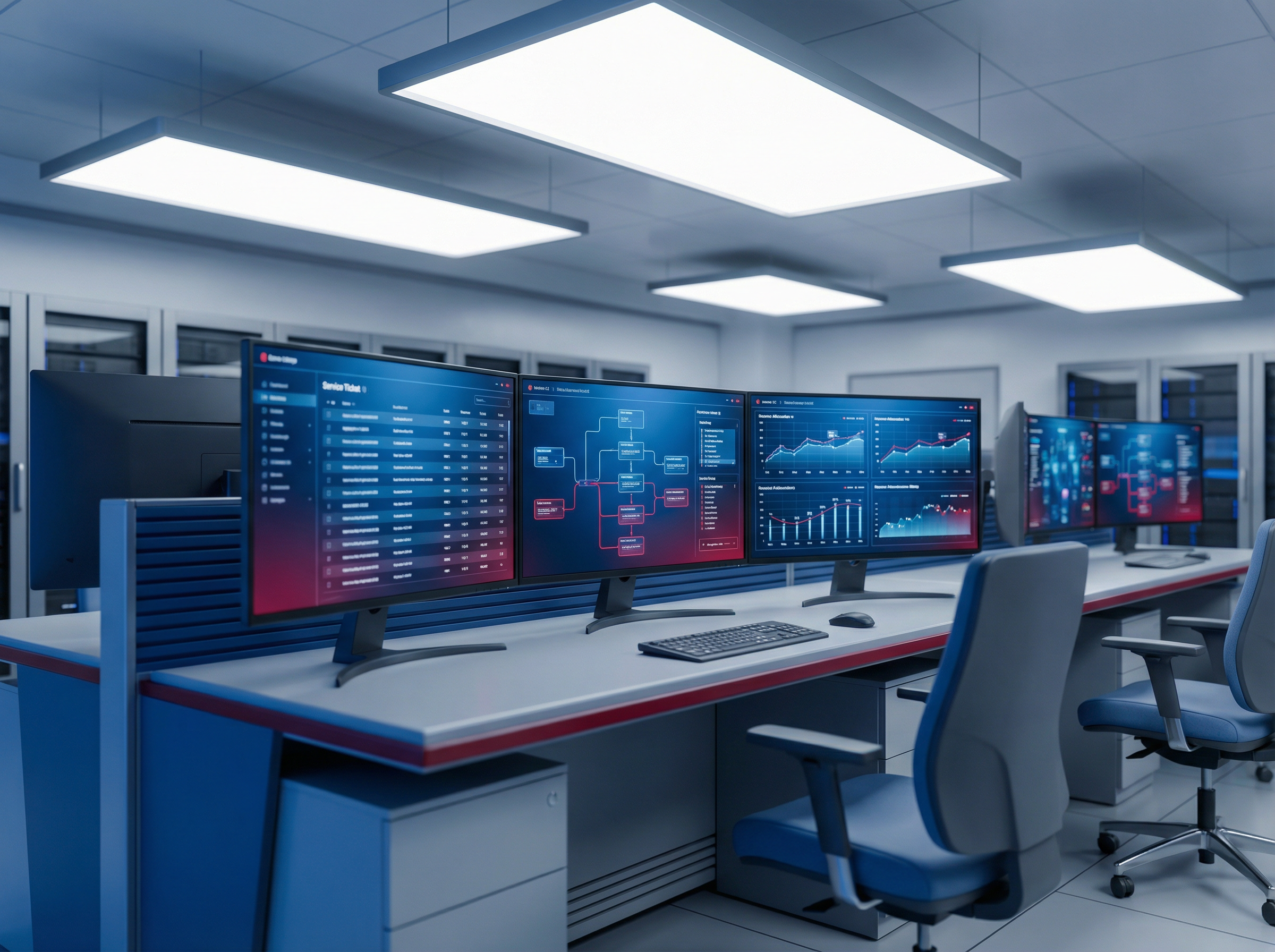 Modern service control center with digital dashboards showing automated workflows and real-time monitoring