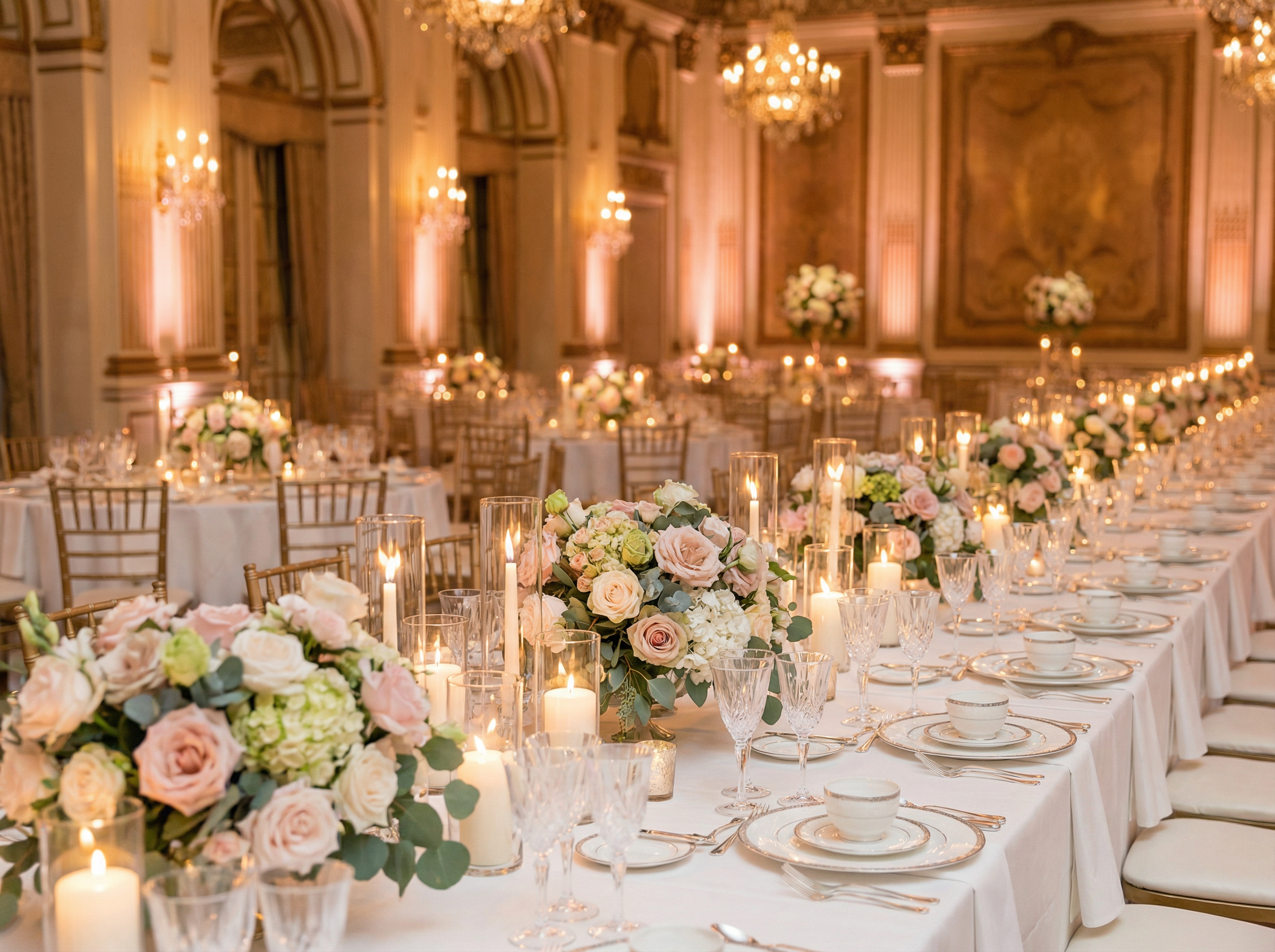 Elegant wedding reception table setting with flowers and candles