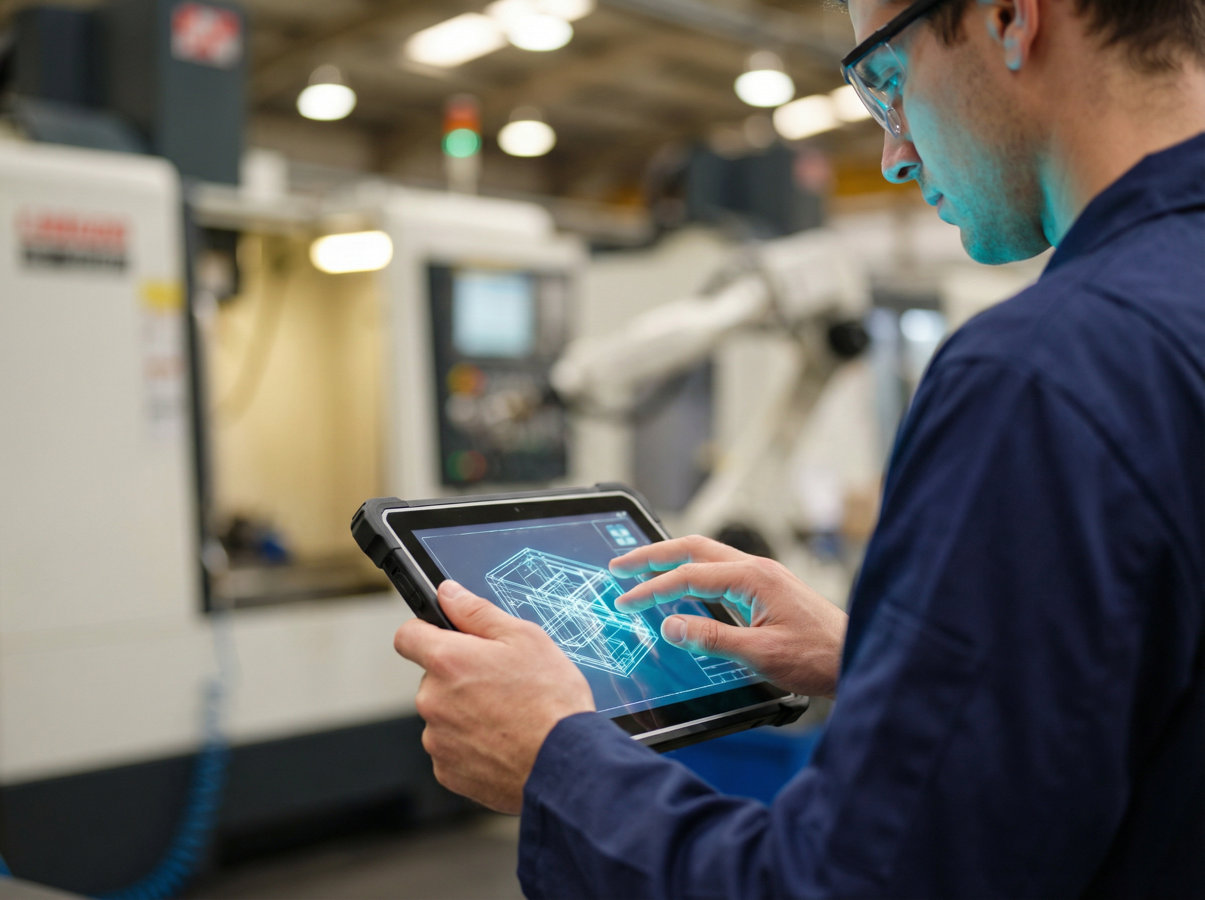 Techniker nutzt digitale Dokumentation auf dem Tablet in der Fabrikhalle