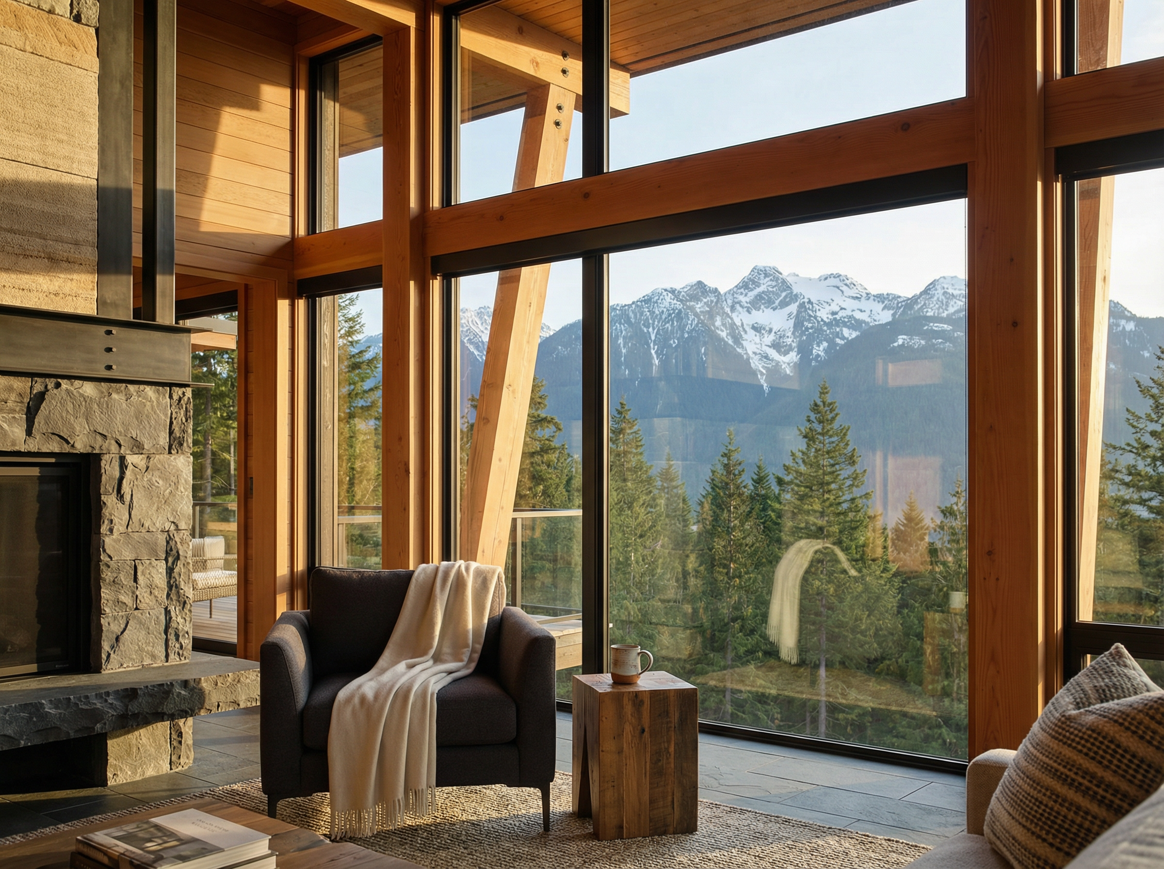 Luxury mountain chalet interior with panoramic mountain views through floor-to-ceiling windows