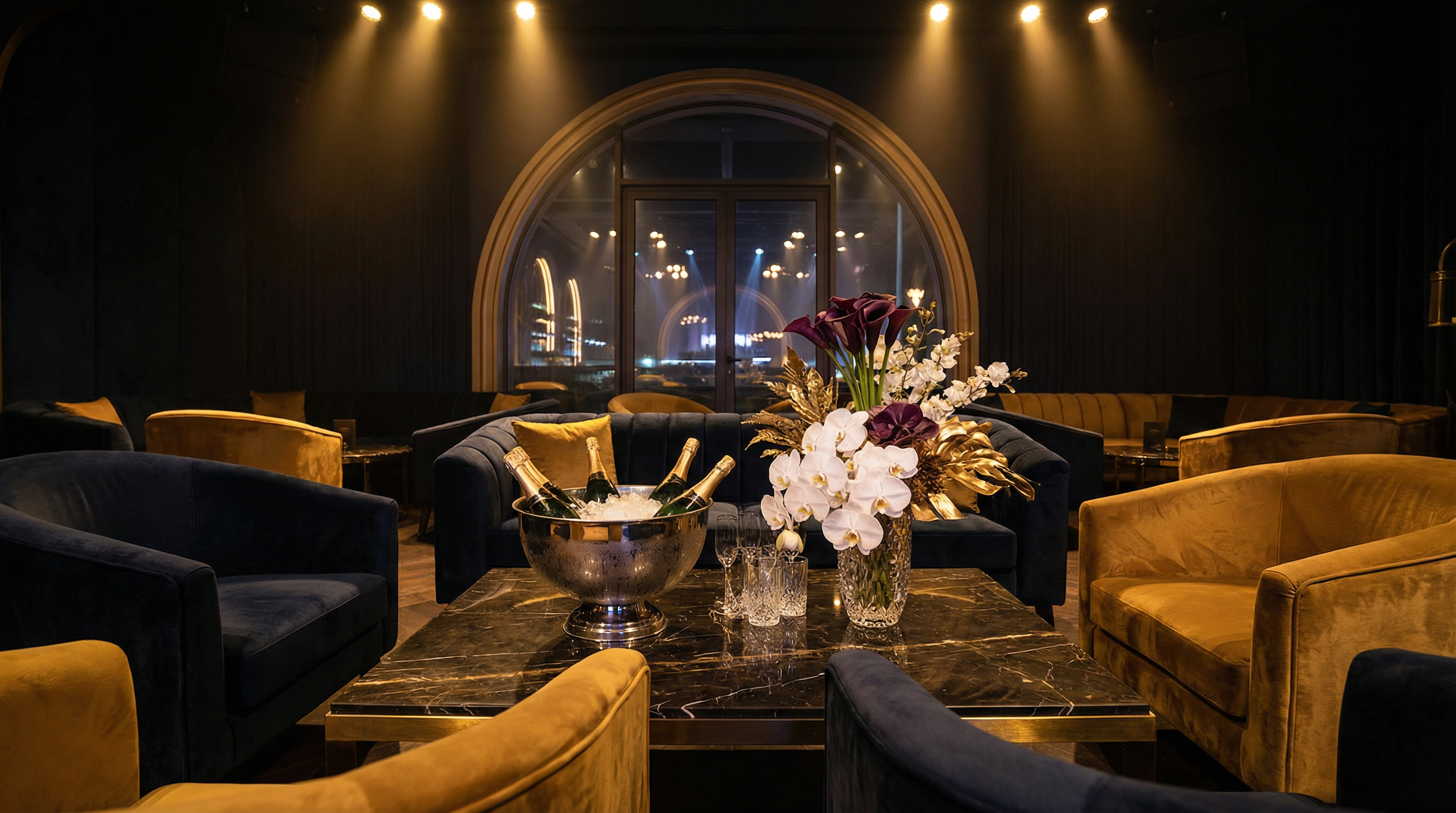 Exclusive VIP lounge with champagne and velvet seating