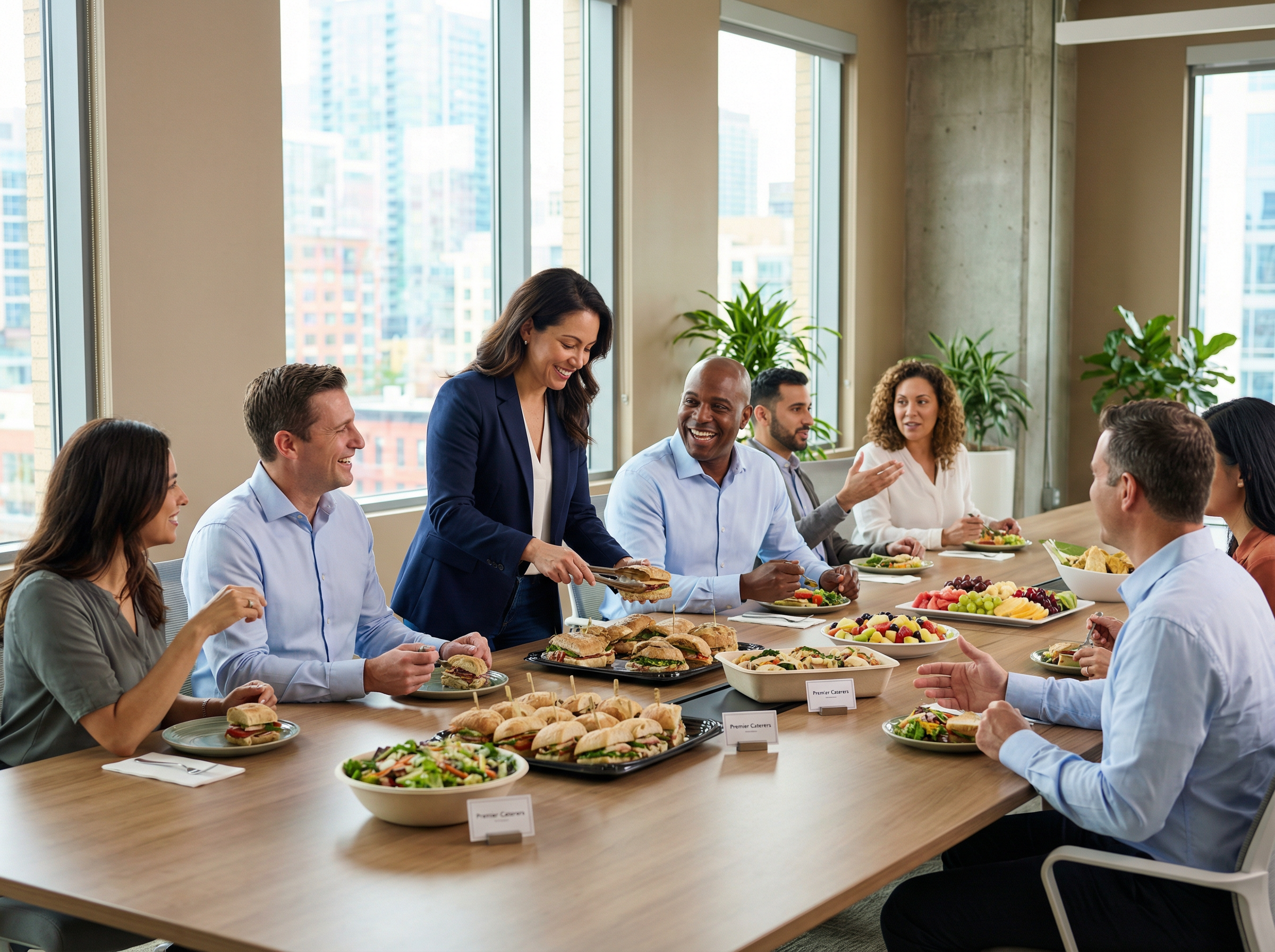 Business team enjoying a catered office lunch together
