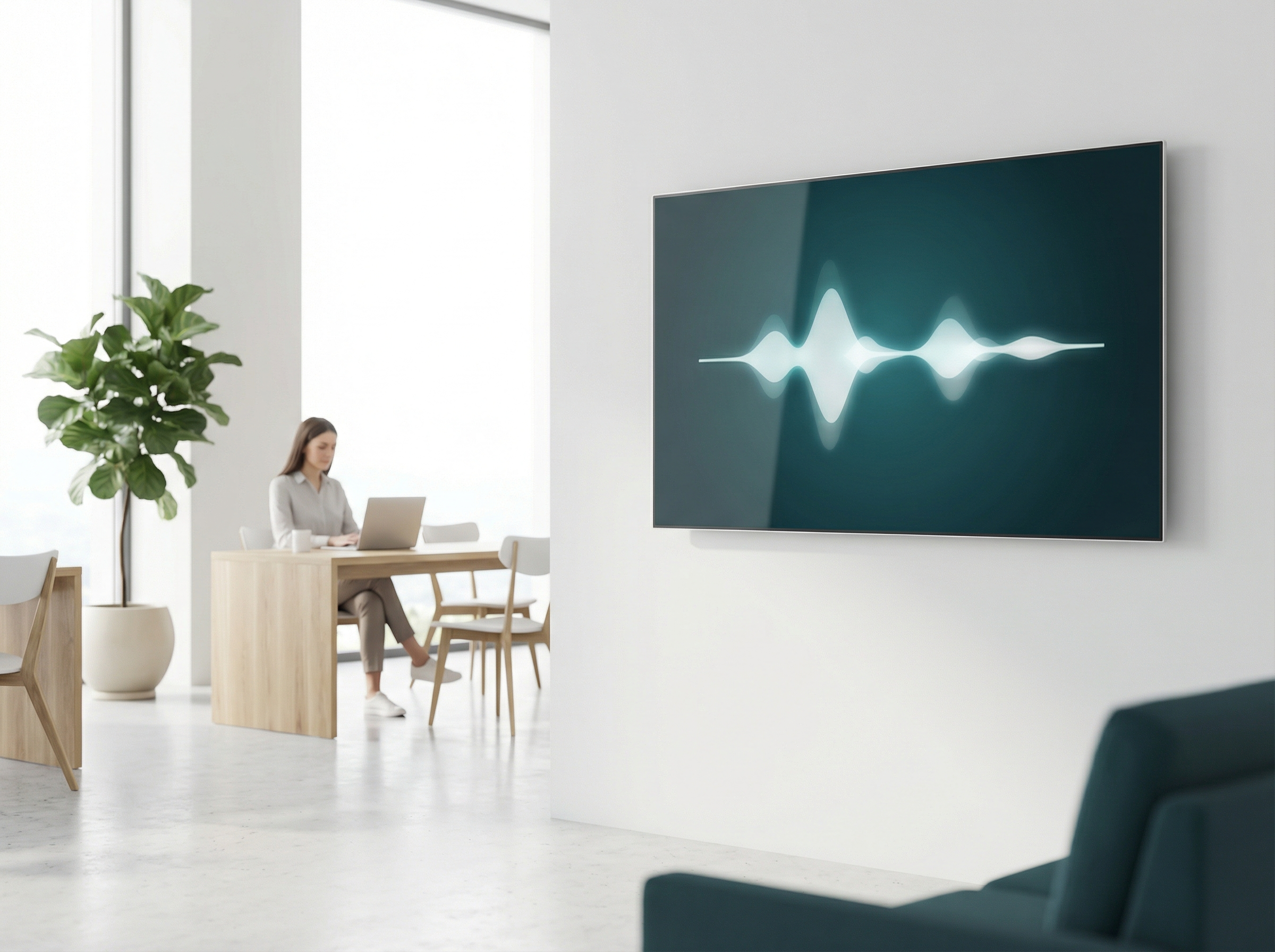Modernes Büro mit KI-Sprachassistent an der Wand