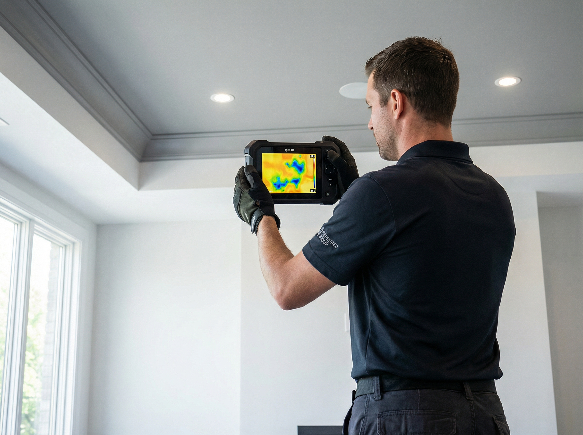 Technician using thermal imaging camera to inspect ceiling for hidden moisture