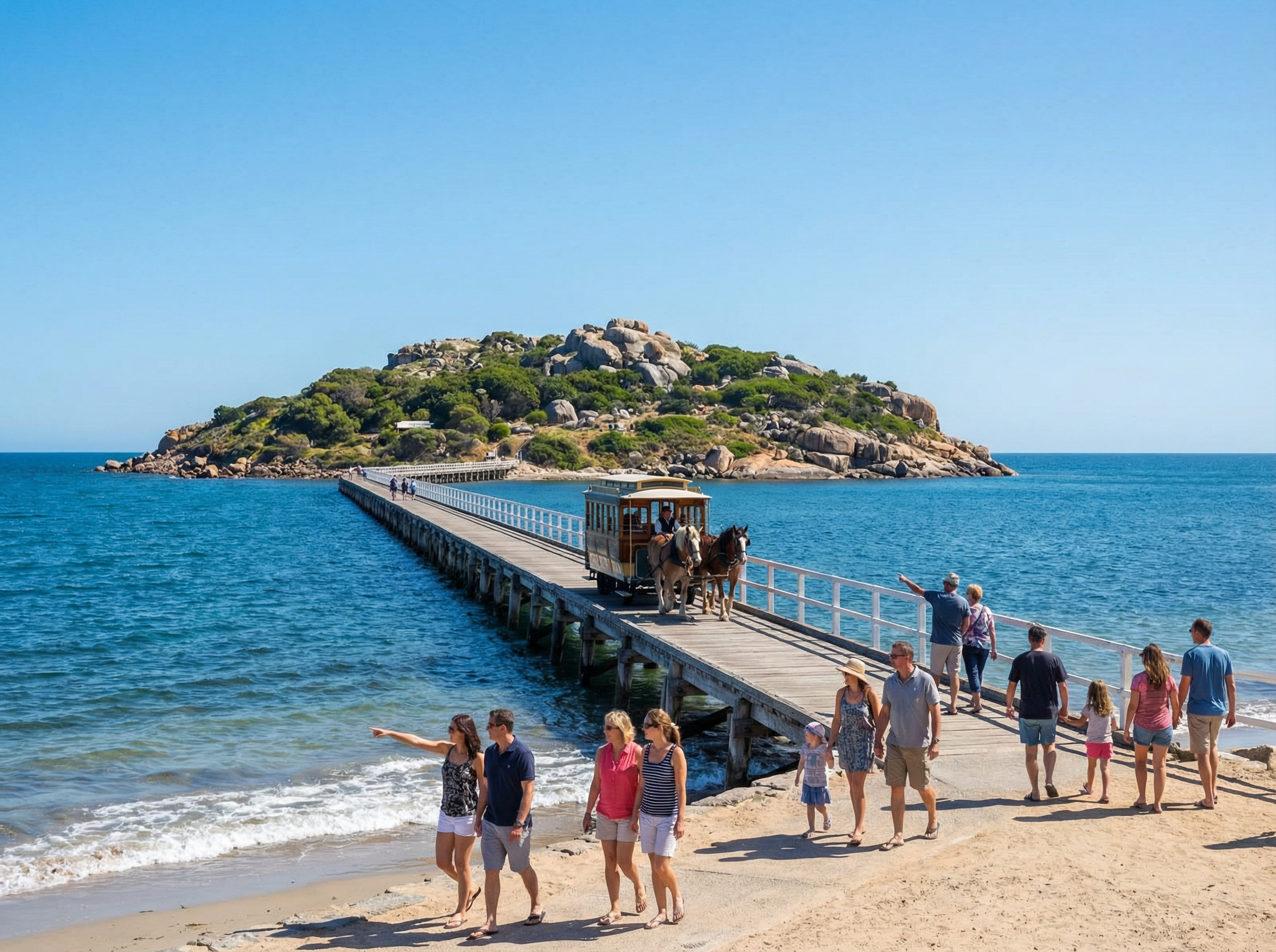 Victor Harbor causeway and Granite Island with horse tram