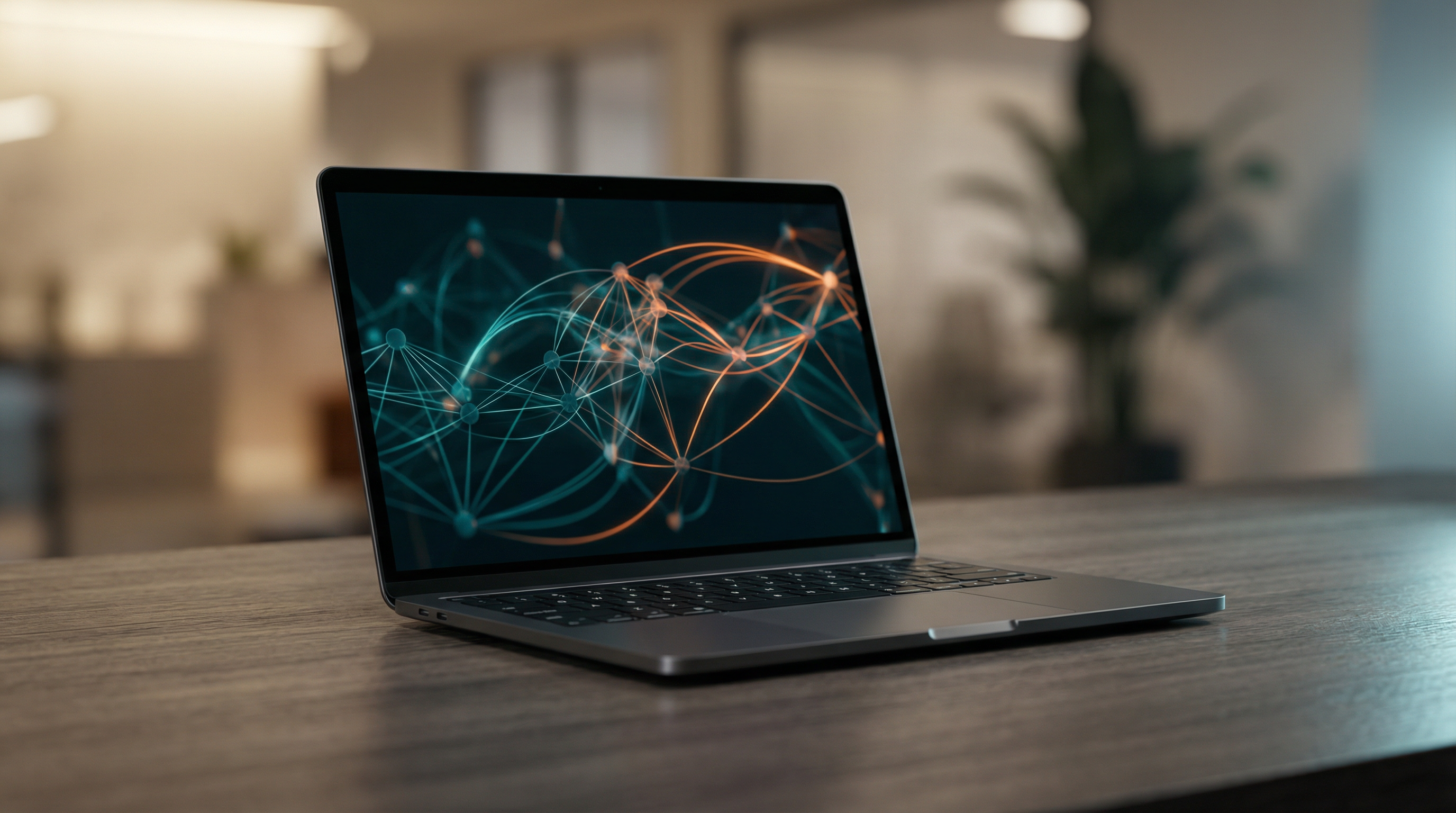 Laptop mit KI-Datenvisualisierung in einem modernen Büro