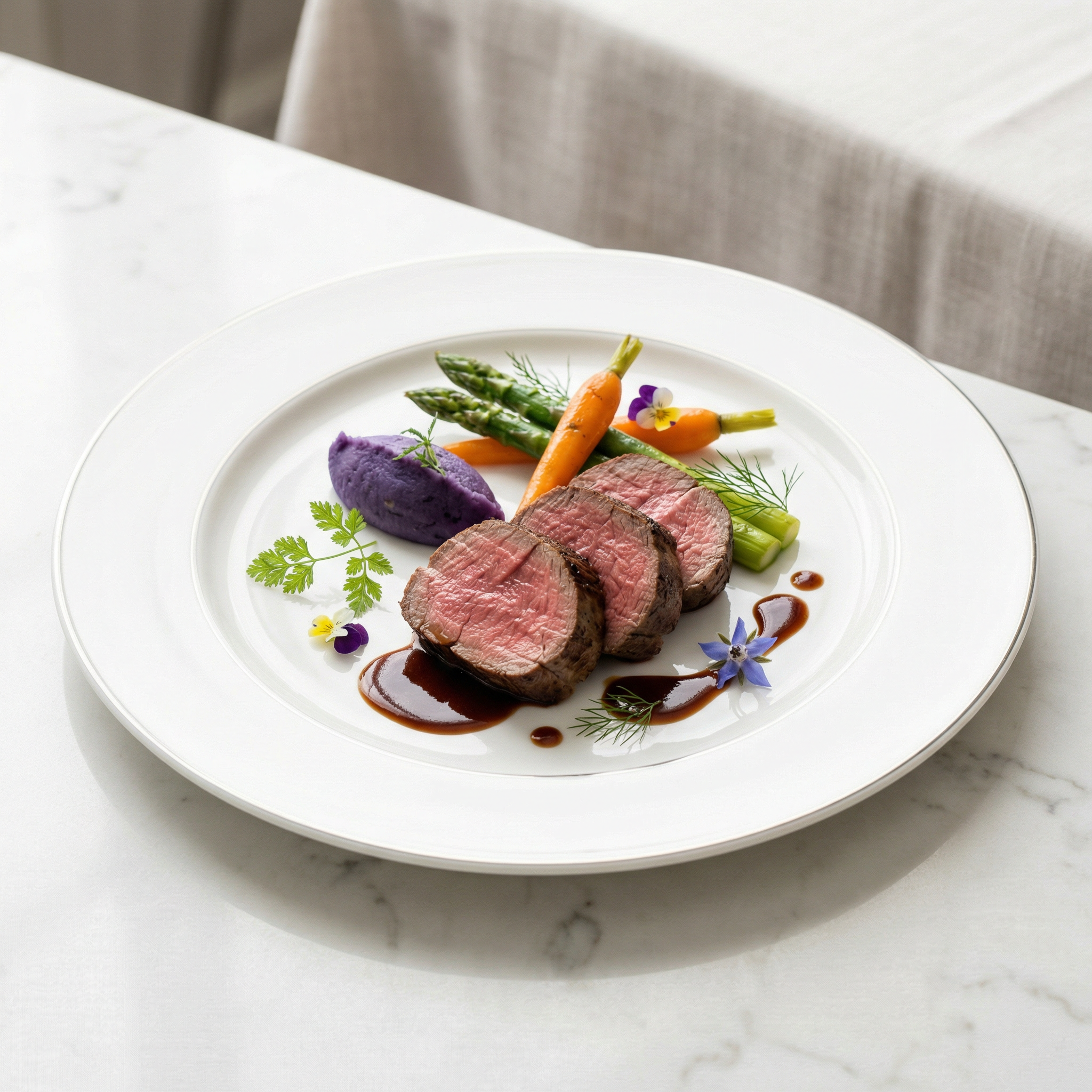 Gourmet plated beef tenderloin with seasonal vegetables and edible flowers on fine white china