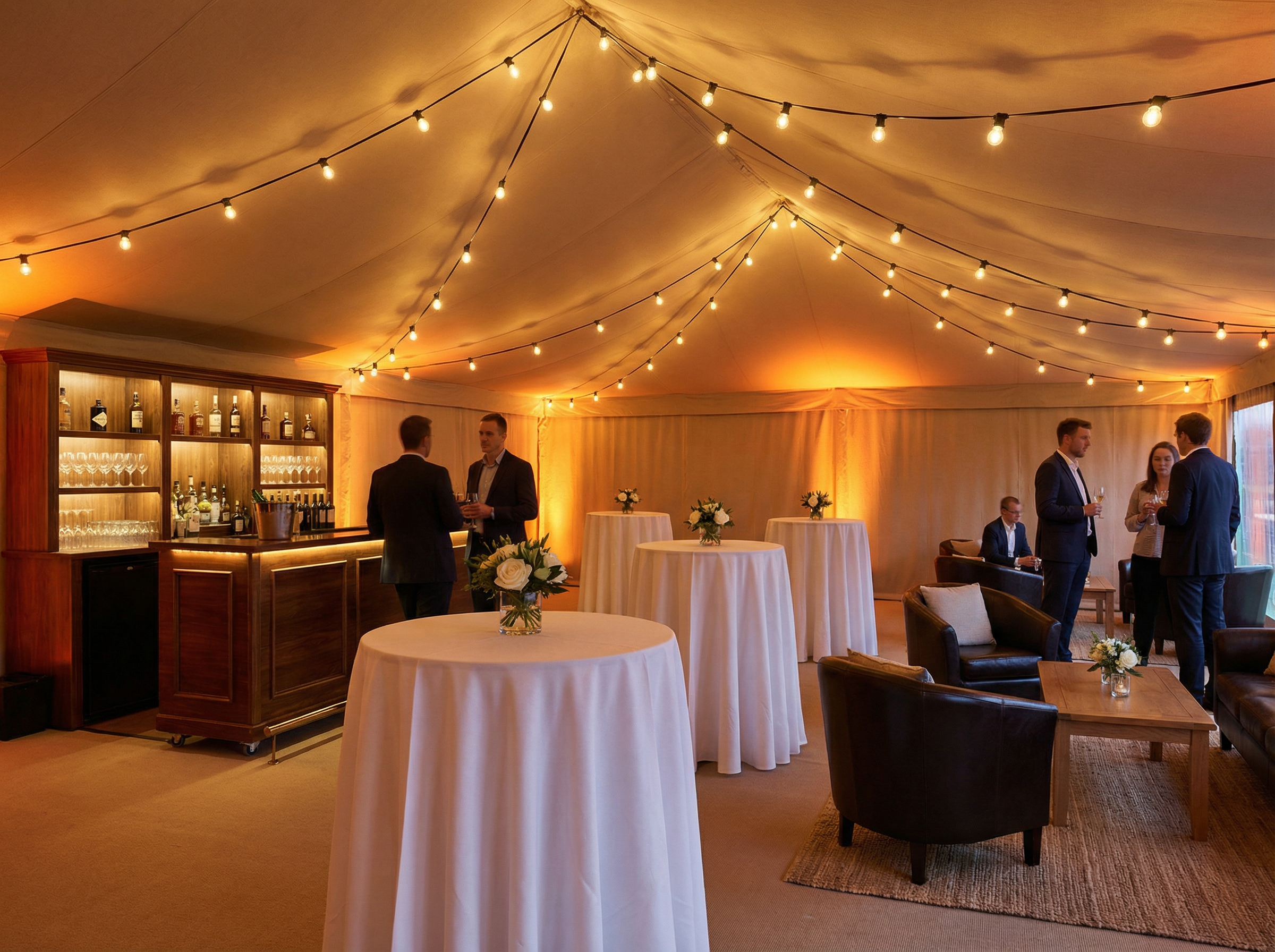 Elegant corporate hospitality marquee with mobile bar and cocktail tables