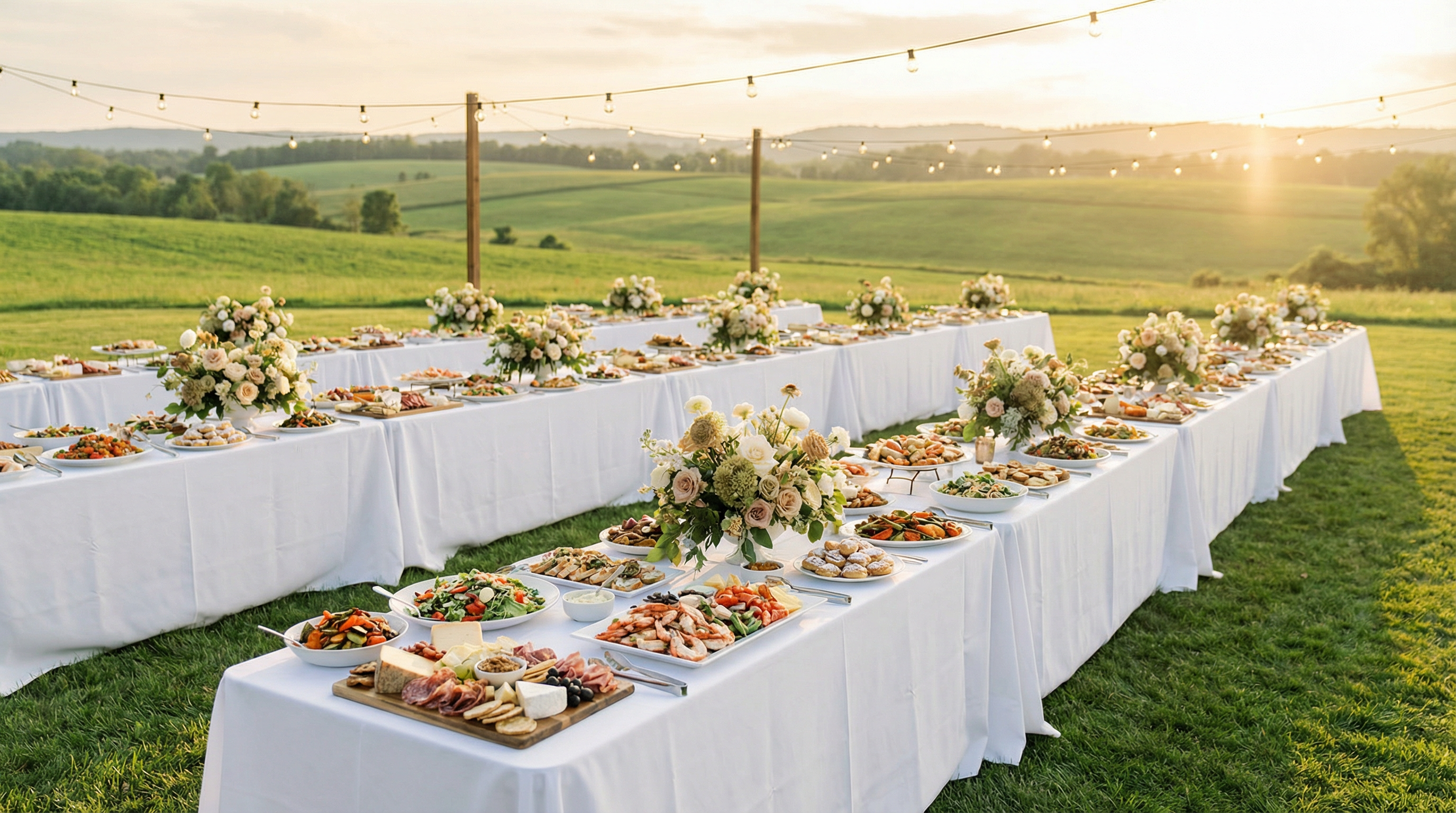 Elegant outdoor catering banquet with white-linen tables and floral centerpieces at sunset