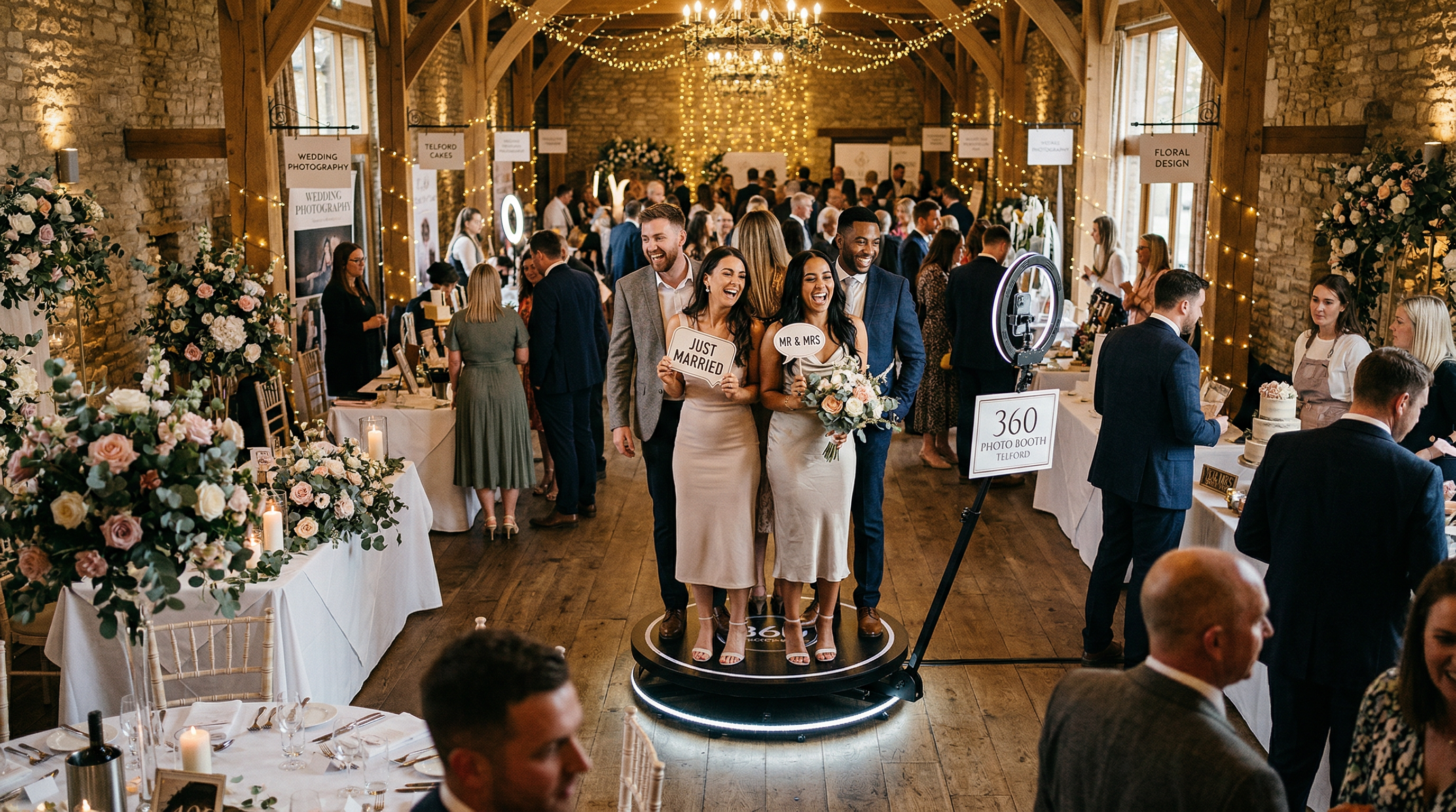 Guests enjoying a 360 photo booth at a wedding fayre in an elegant barn venue