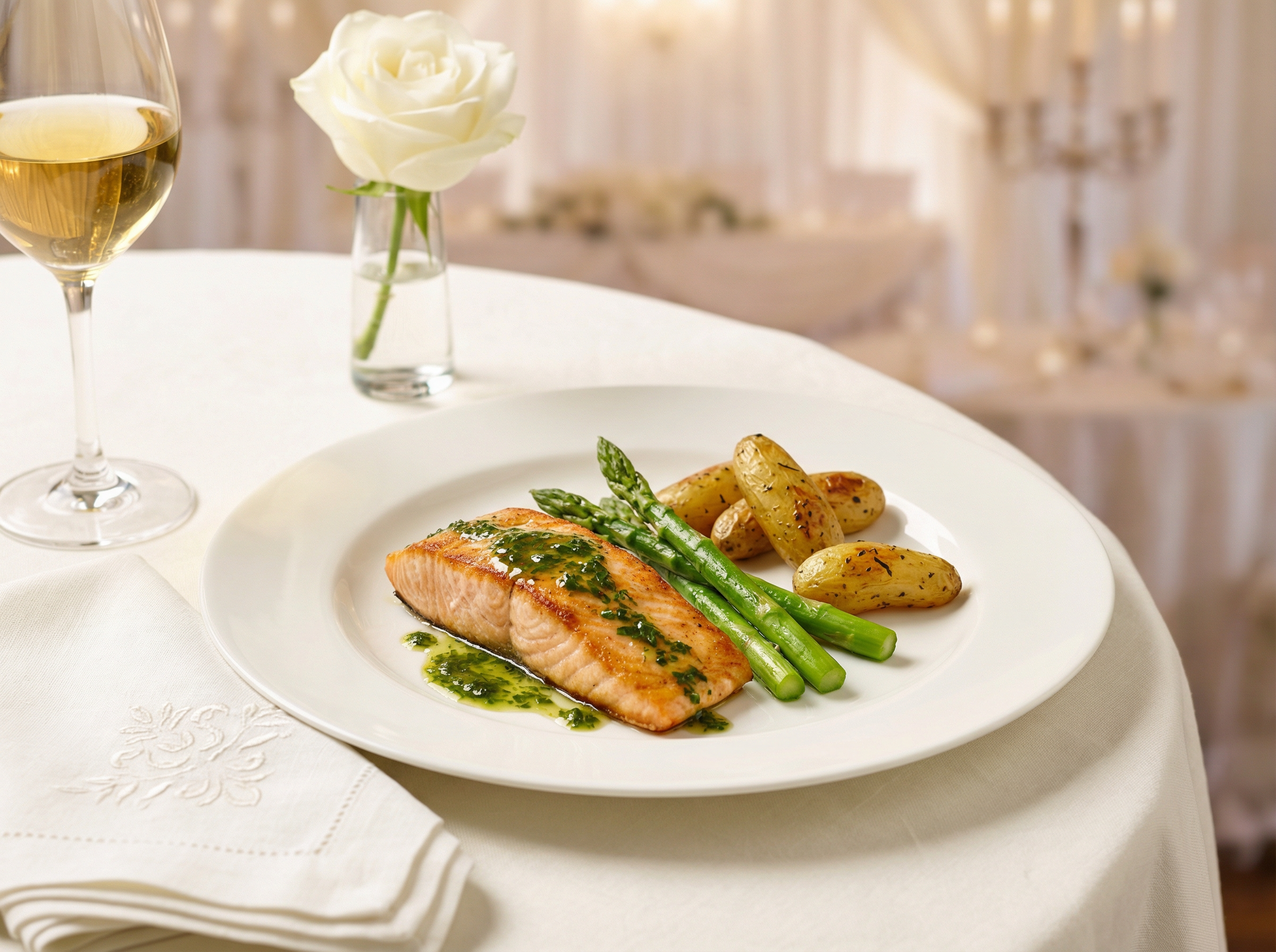 Elegantly plated wedding dinner course with salmon, asparagus and white rose — Premier Caterers Northampton PA