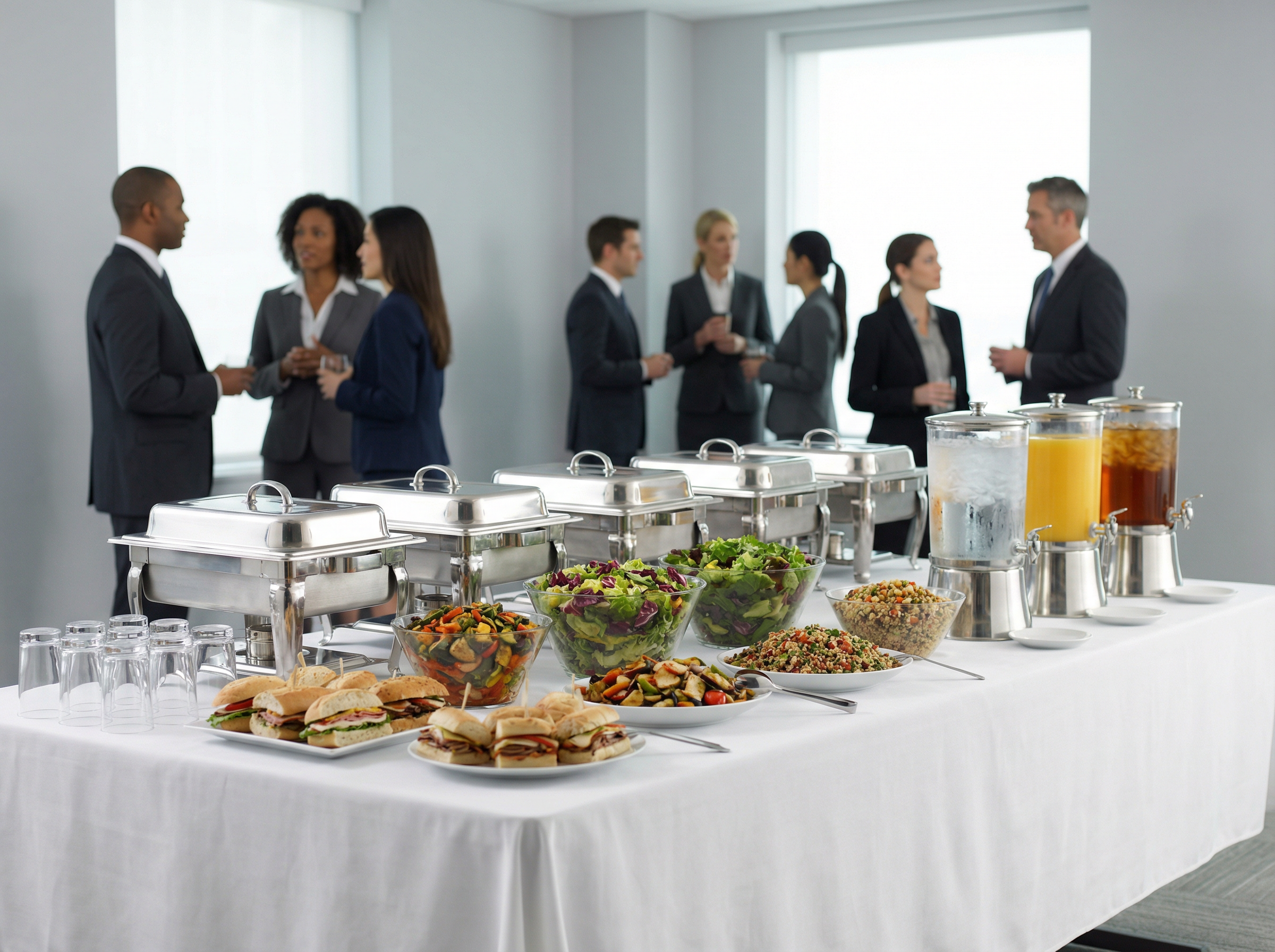 Professional corporate catering buffet with chafing dishes and fresh salads for business event