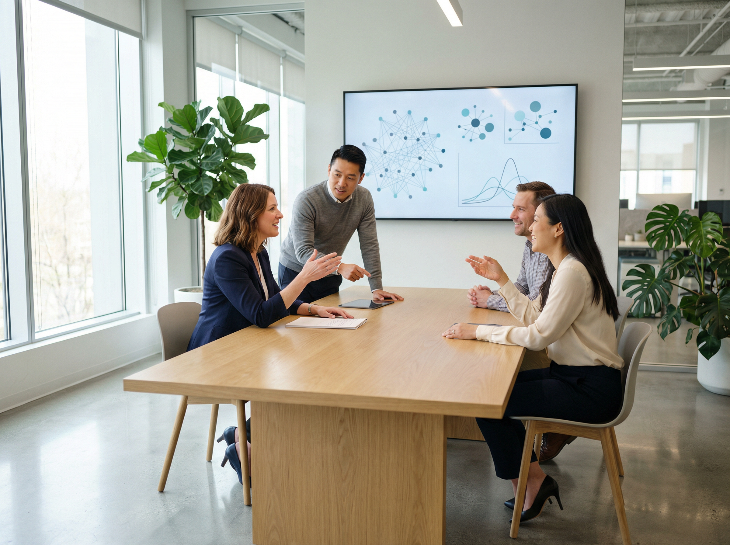 Team bei der gemeinsamen Erarbeitung einer KI-Strategie im modernen Büro