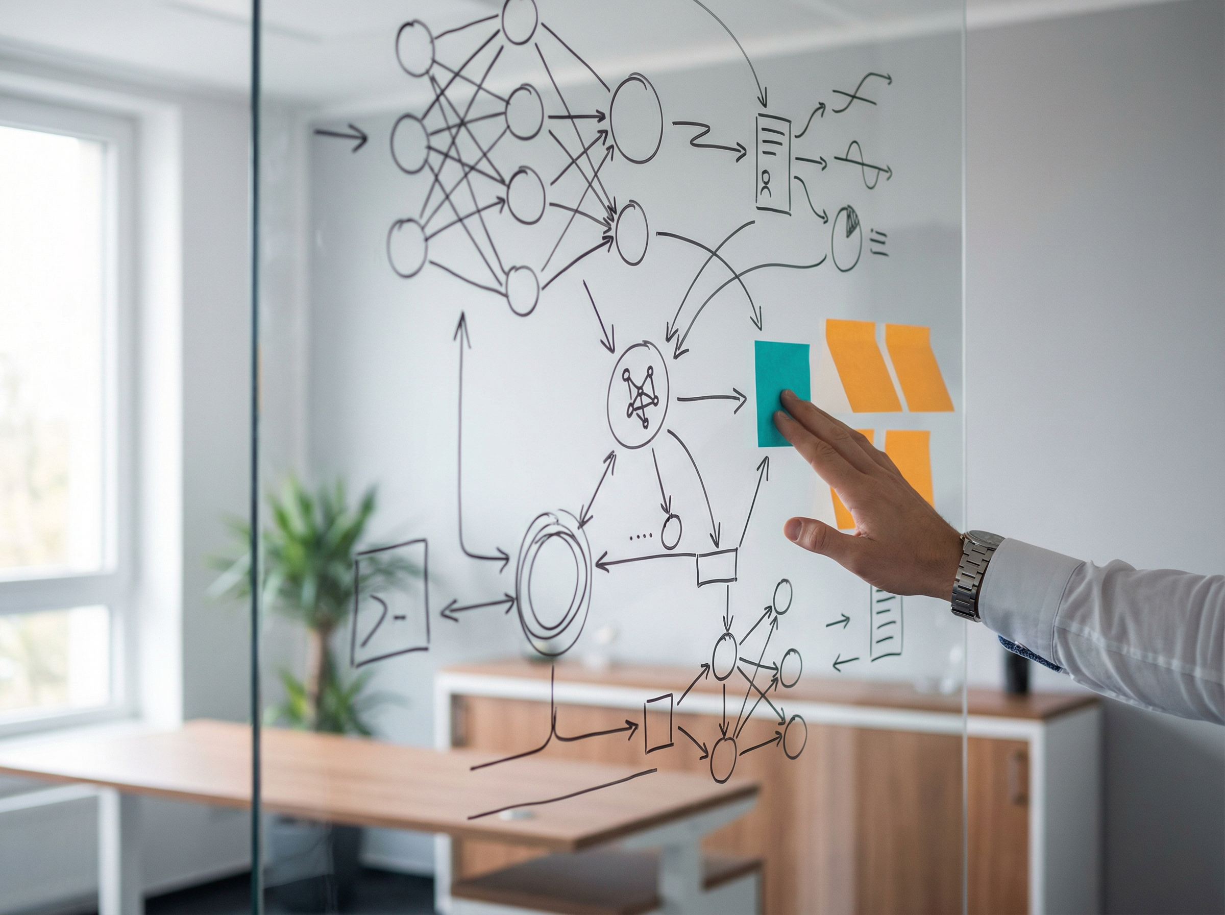 Konzeptionsplanung mit Diagrammen an einer Glaswand