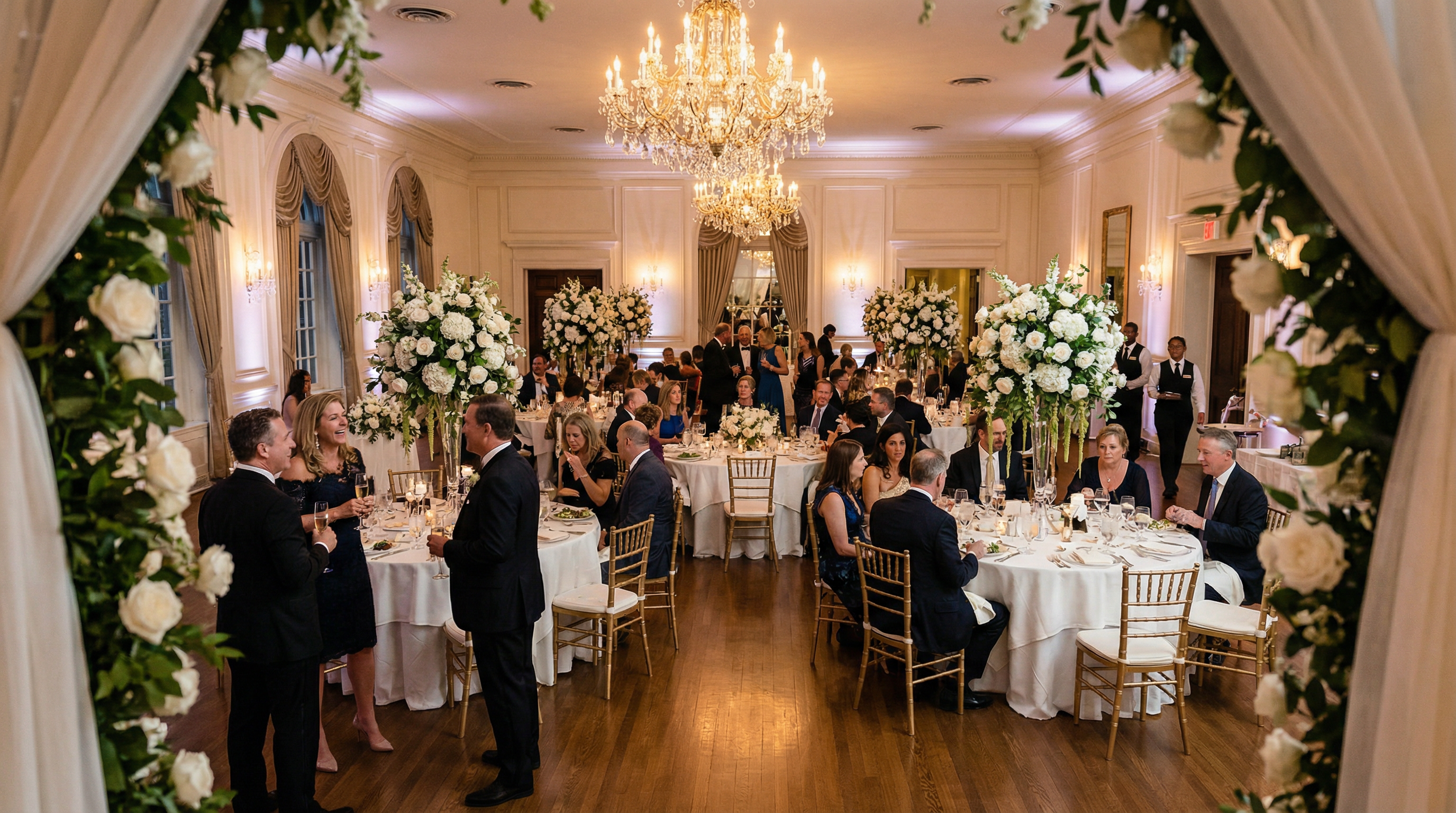 Elegant wedding reception ballroom with guests dining and celebrating in Kingston, PA