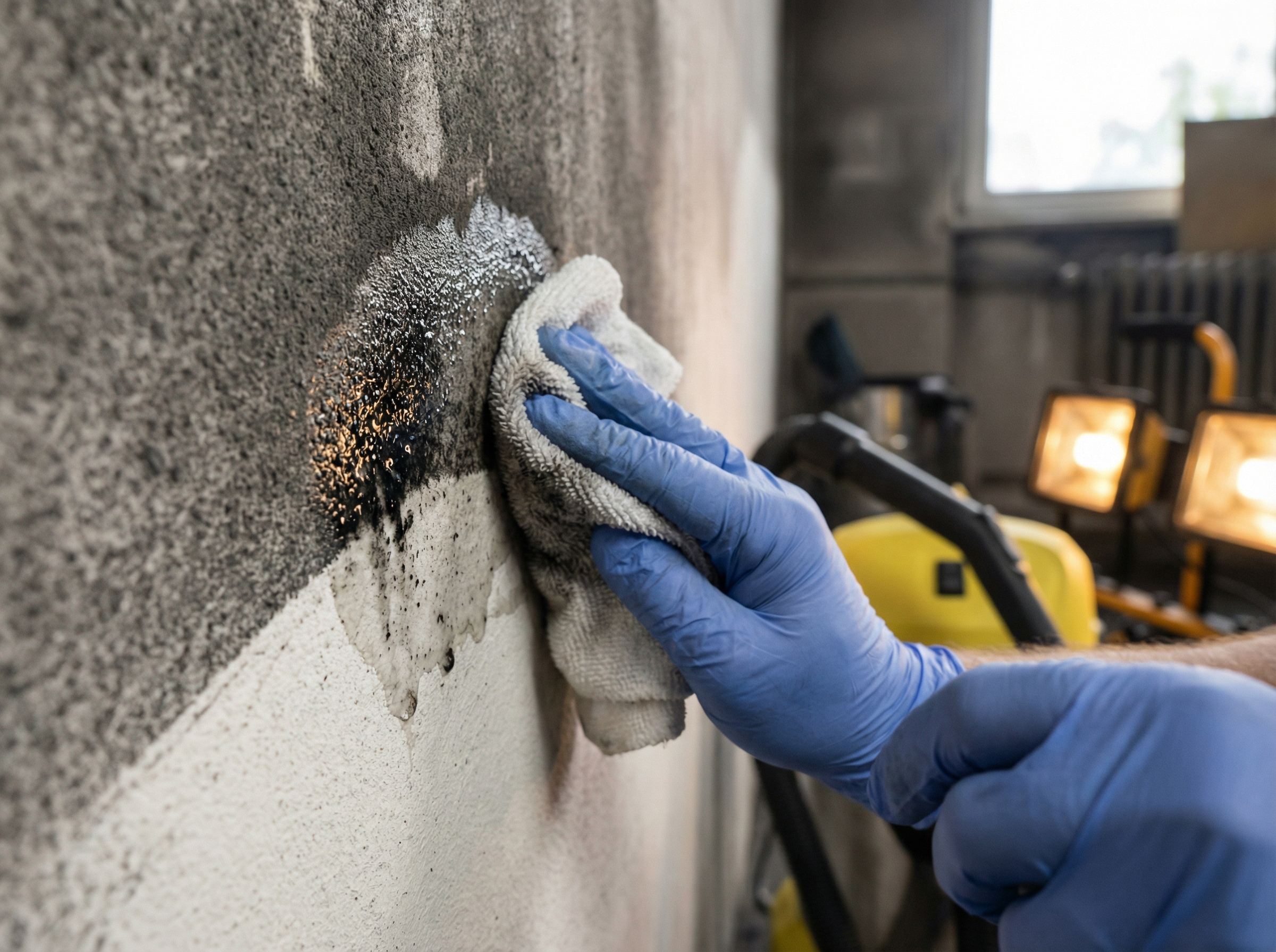 Professional restoration worker cleaning soot from smoke-damaged wall surface