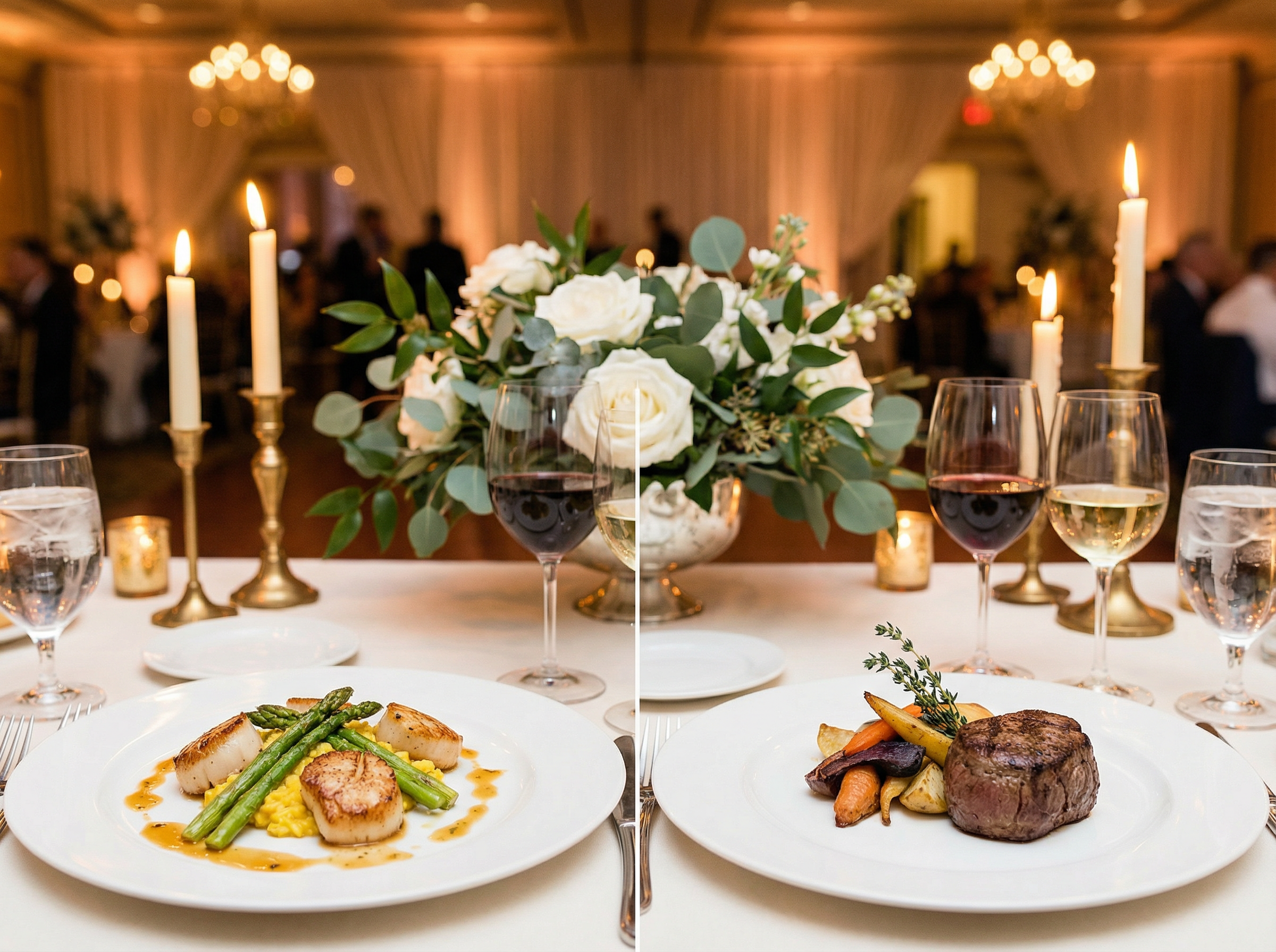 Elegant wedding catering with plated gourmet dinners and floral centerpieces
