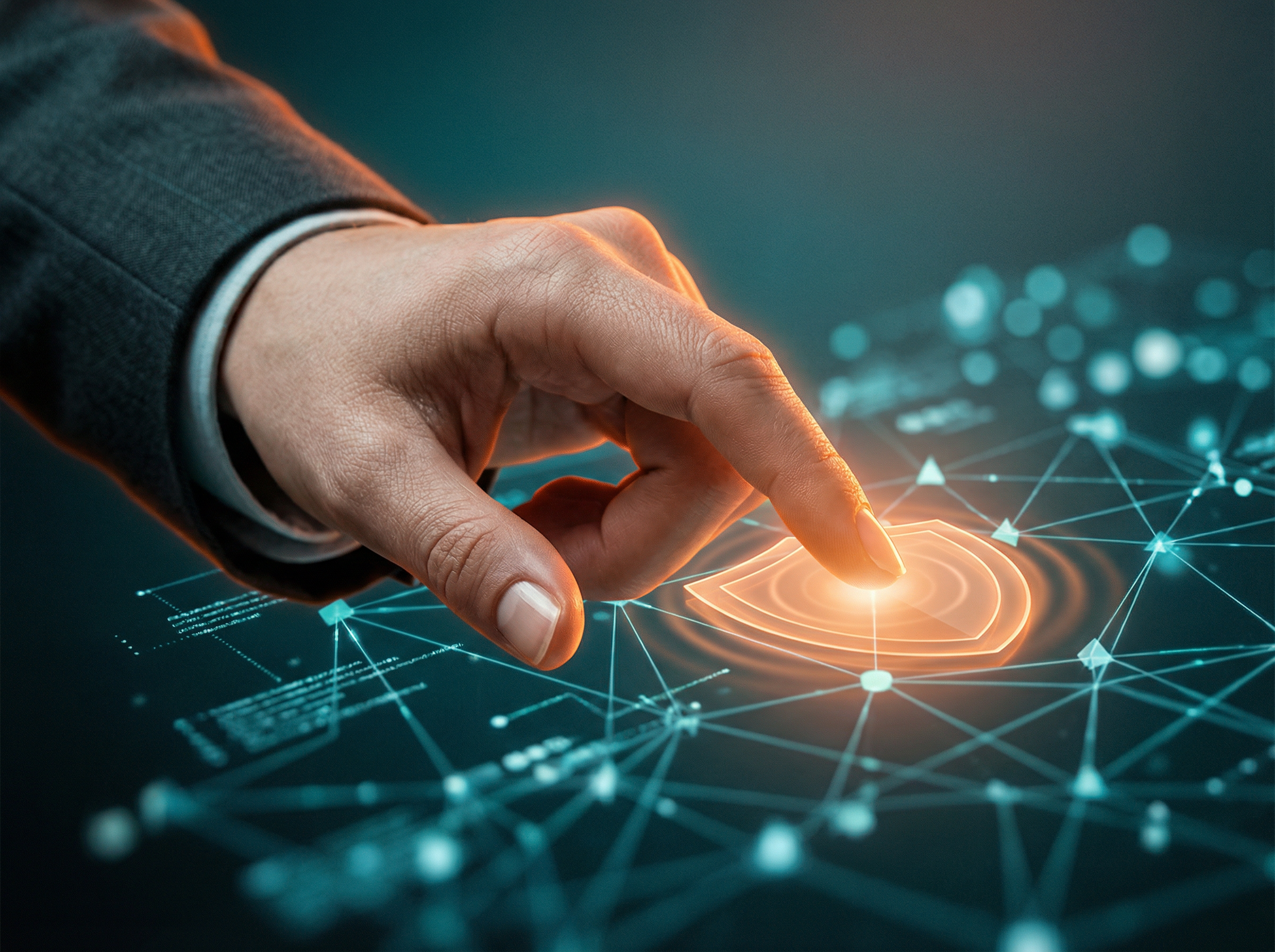 Hand berührt digitales Netzwerk – Symbol für verantwortungsvolle KI-Governance