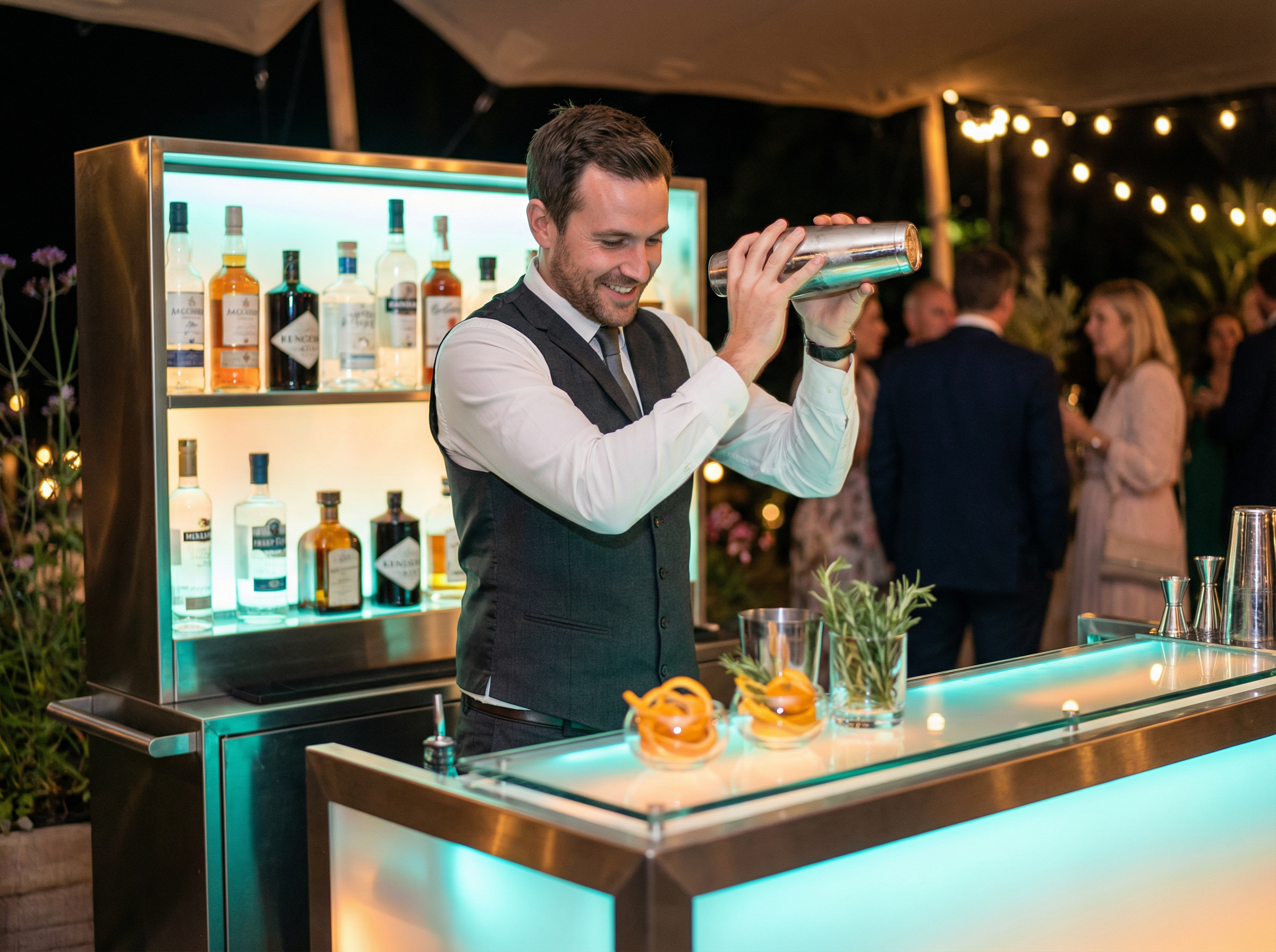Professional bartender serving cocktails at an LED-lit mobile bar during an outdoor event
