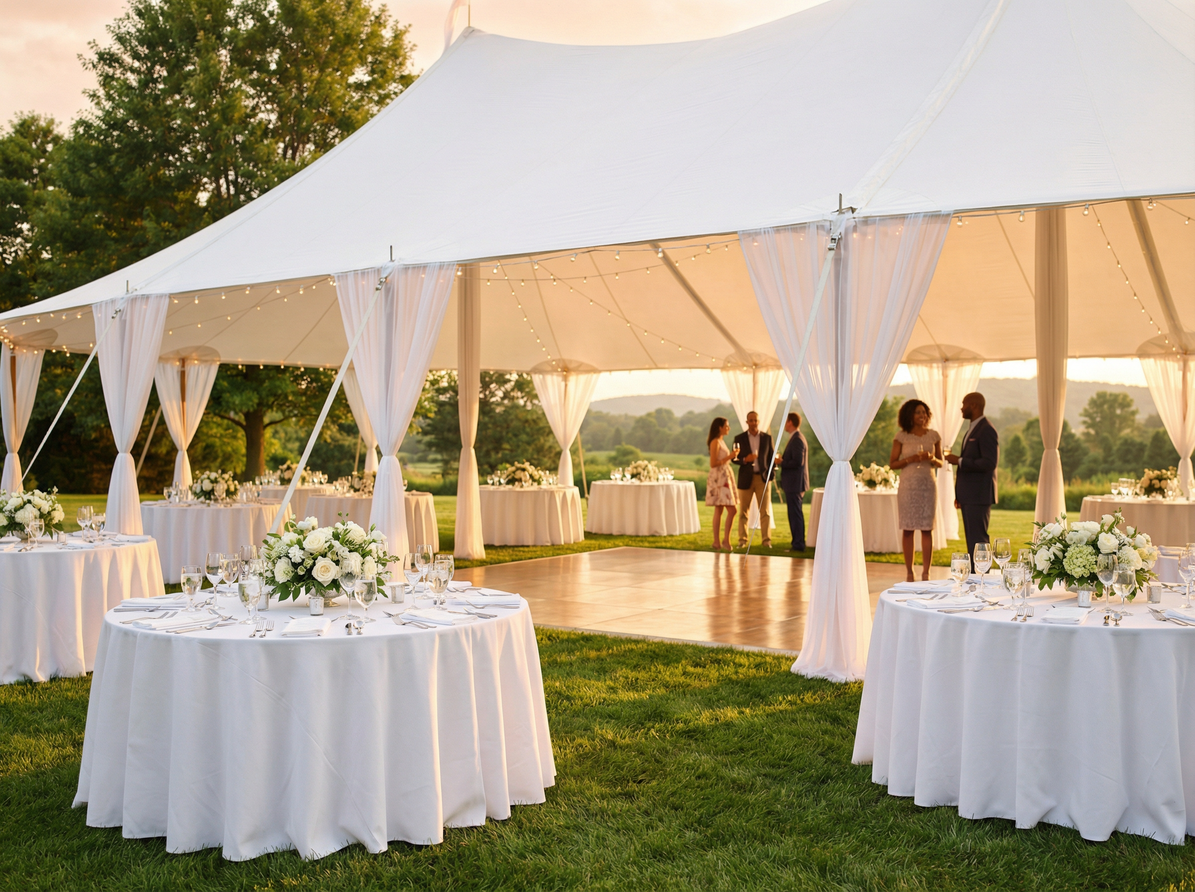 Elegant outdoor tent rental setup for a Pennsylvania event with string lights and floral tables