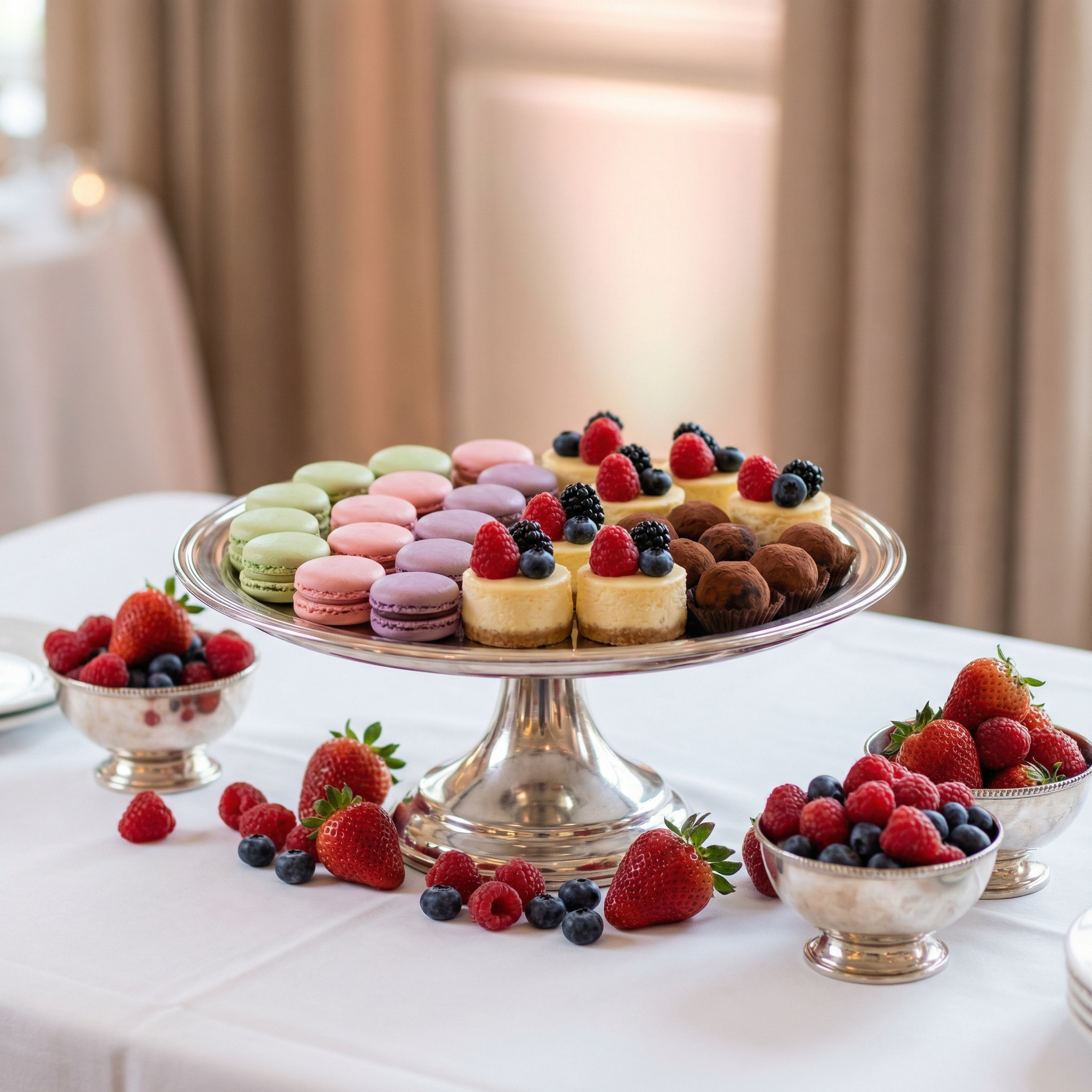 Elegant dessert station with macarons, mini cheesecakes and fresh berries on a silver pedestal