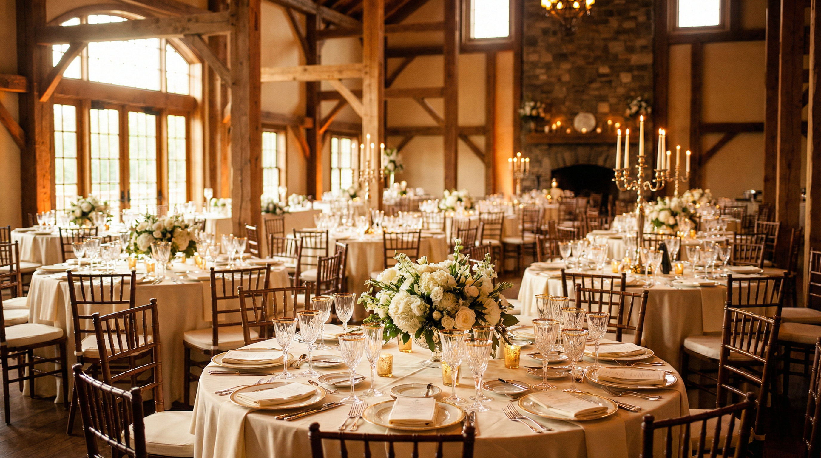 Elegant wedding banquet hall with beautifully set tables, white floral centerpieces, and warm candlelight