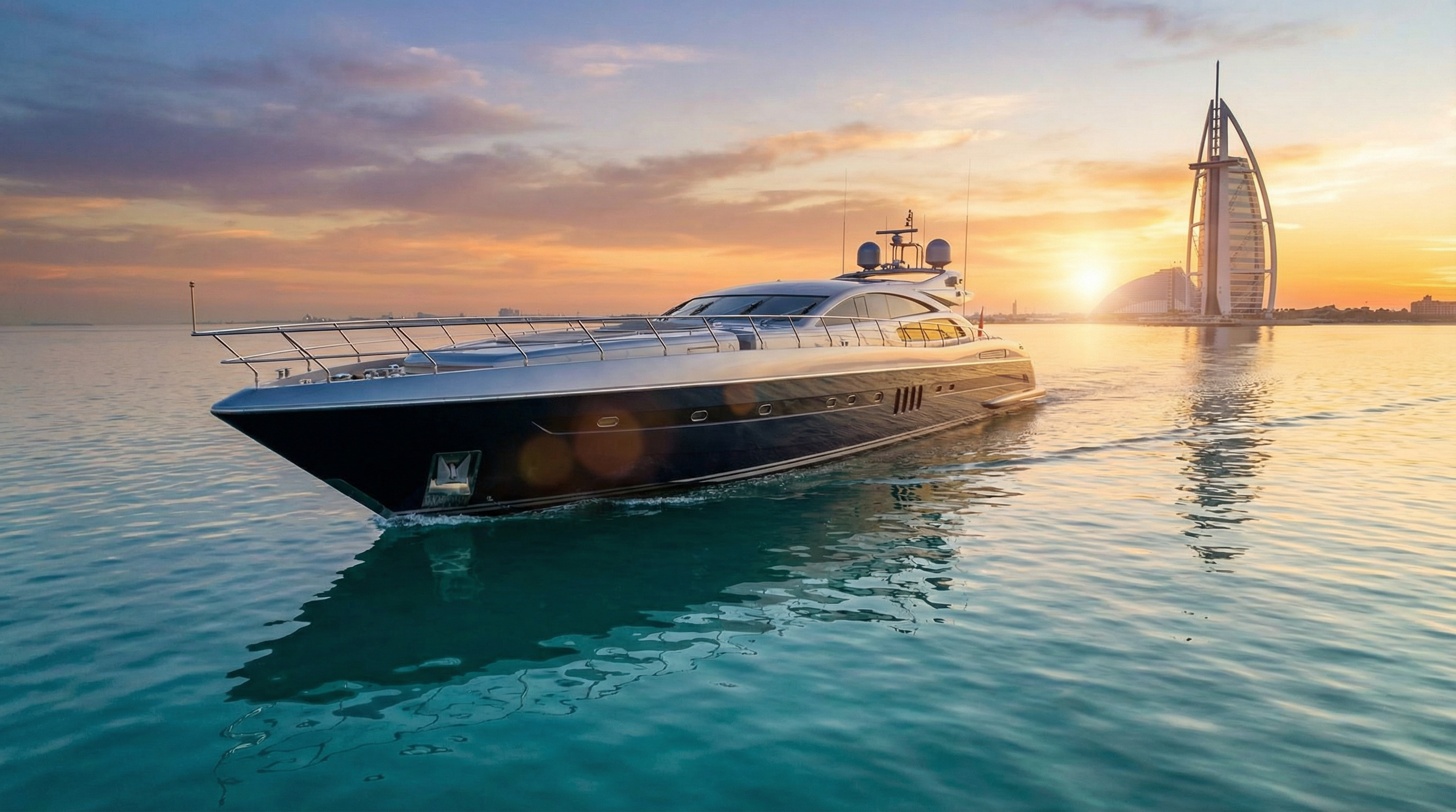 Luxury yacht sailing near Dubai coastline at sunset