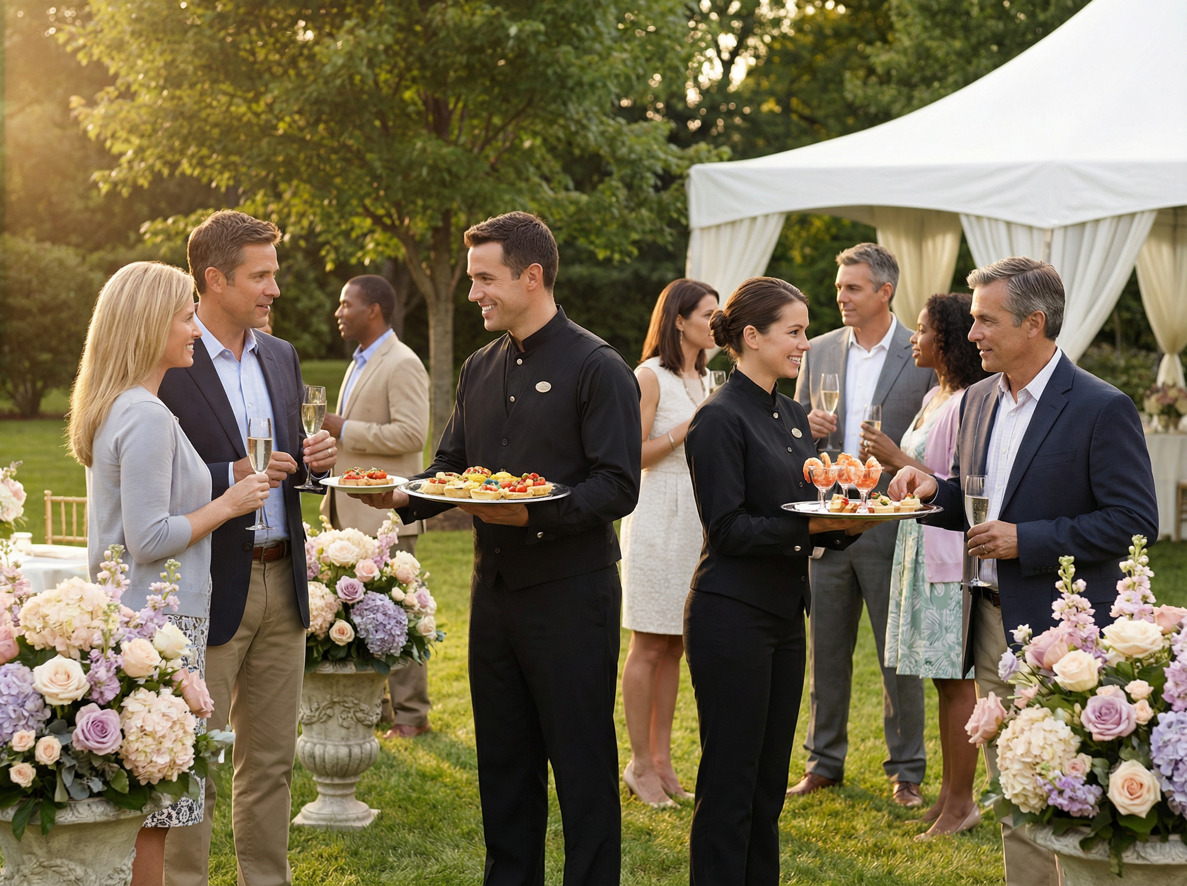 Catering staff in black uniforms passing hors d'oeuvres to guests at an elegant garden party