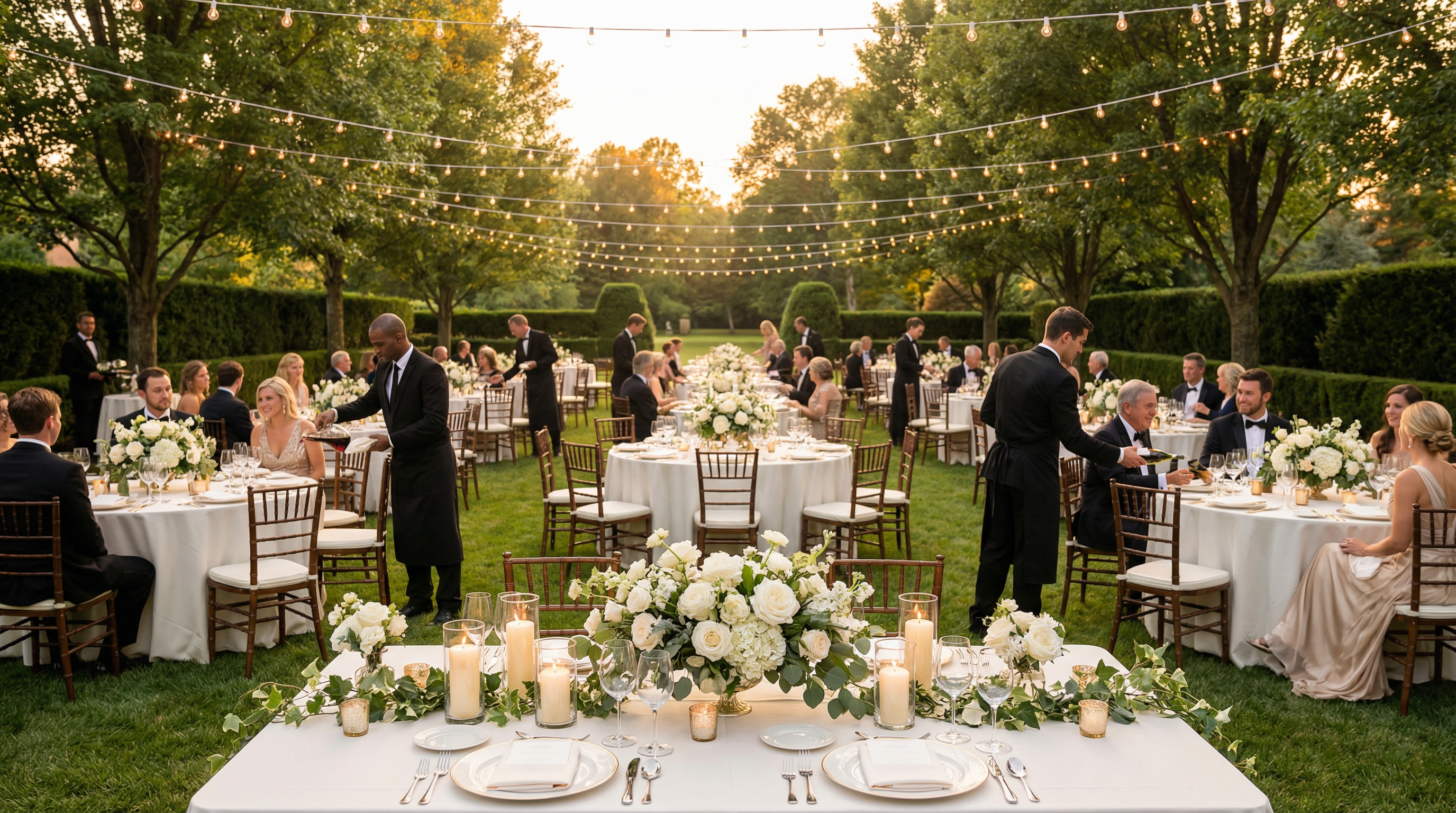 Elegant outdoor wedding reception catered by Premier Caterers