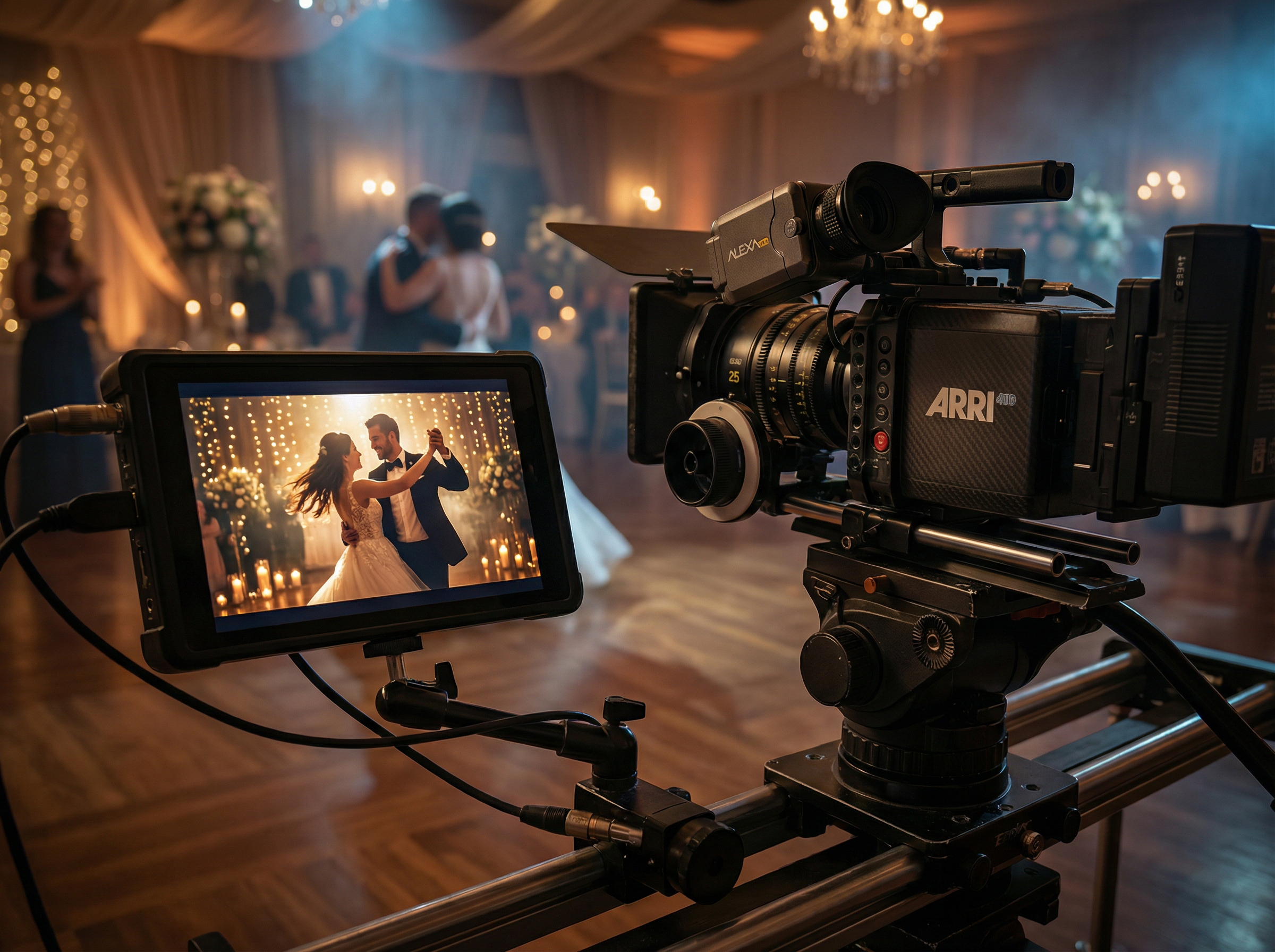 Professional cinema camera capturing a wedding first dance