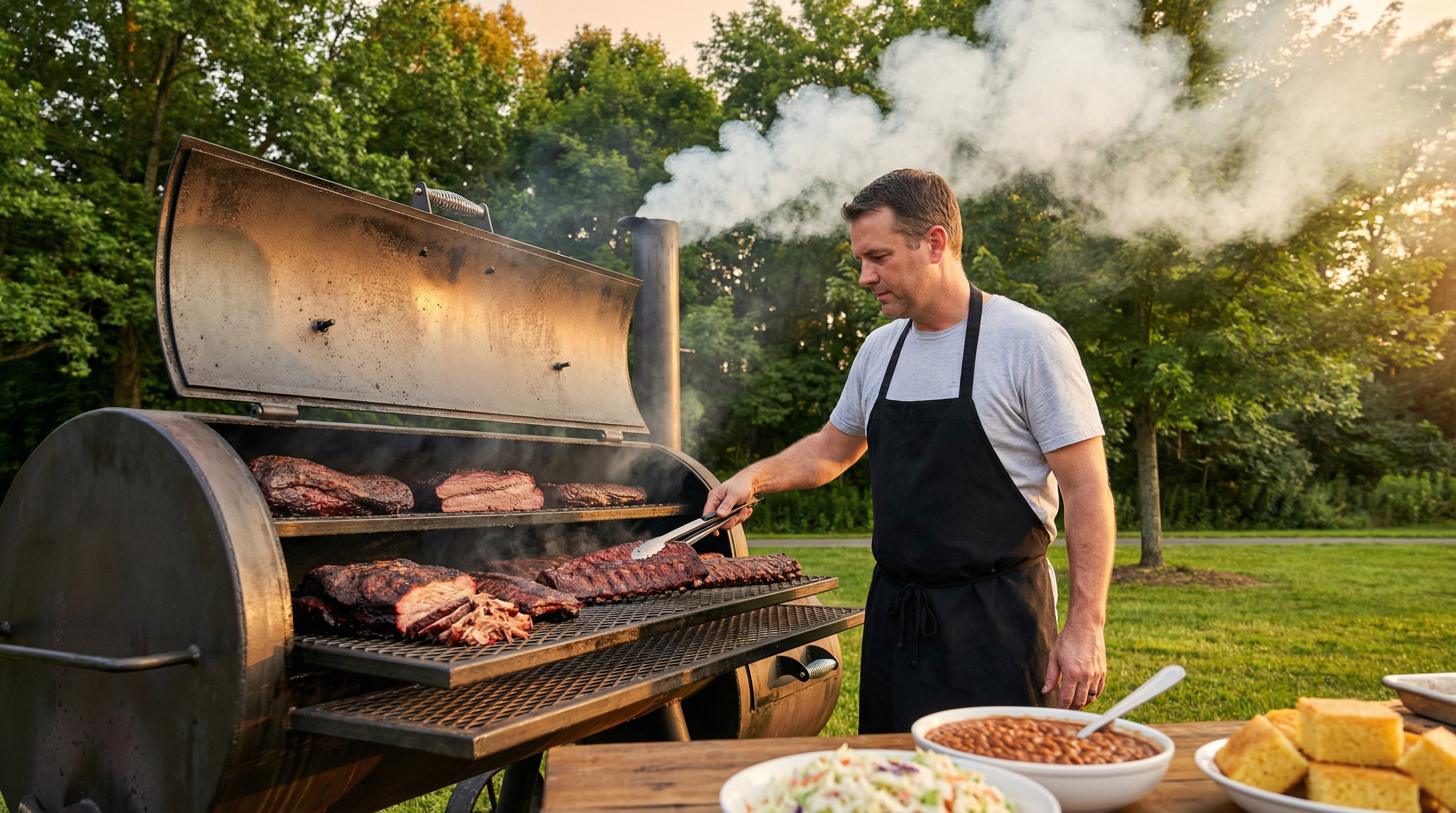 Premier Caterers pitmaster tending ribs and brisket on a large smoker at a Easton PA outdoor event