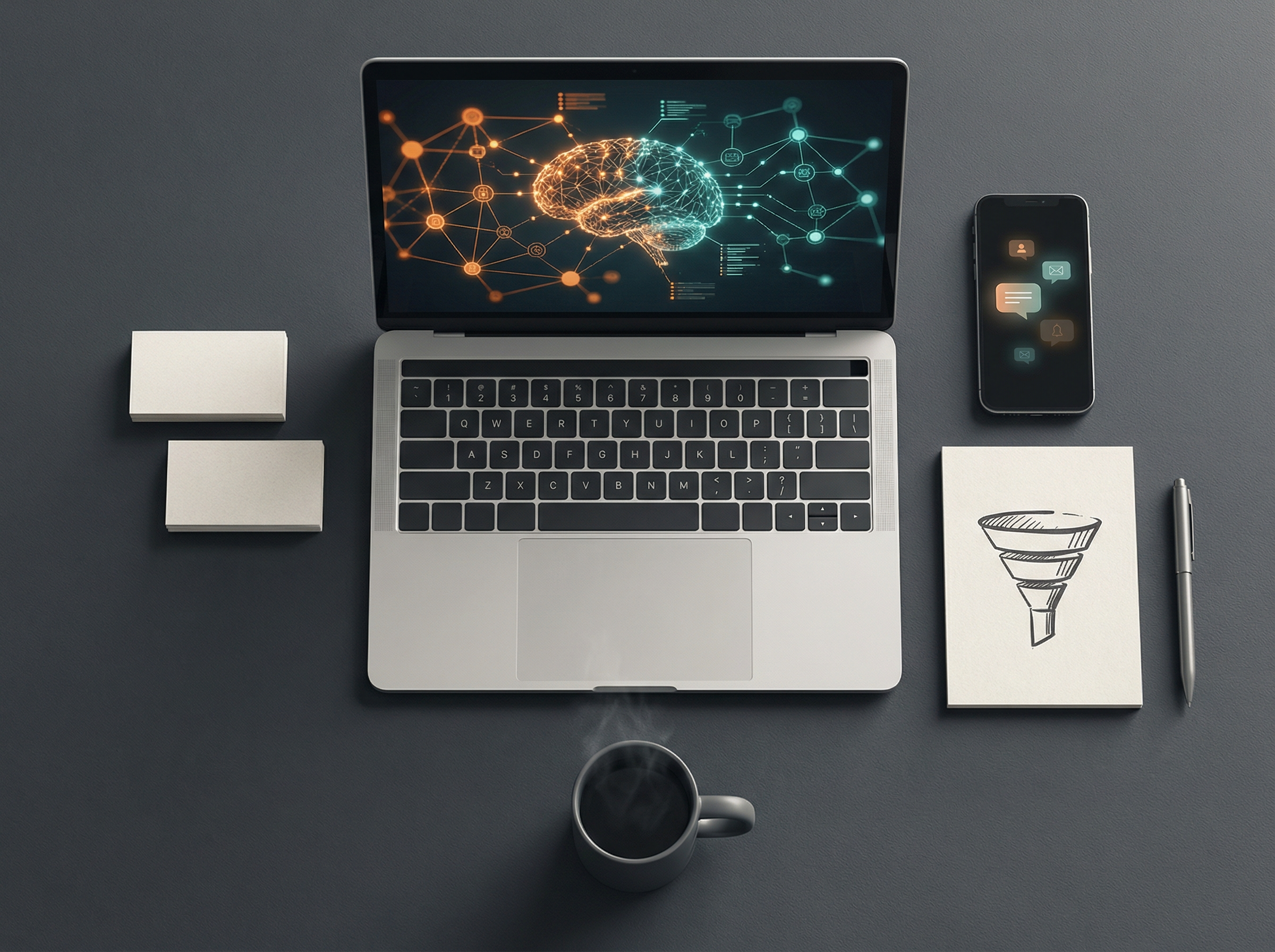 KI-Leadfinder Arbeitsumgebung mit Laptop, Smartphone und Notizen