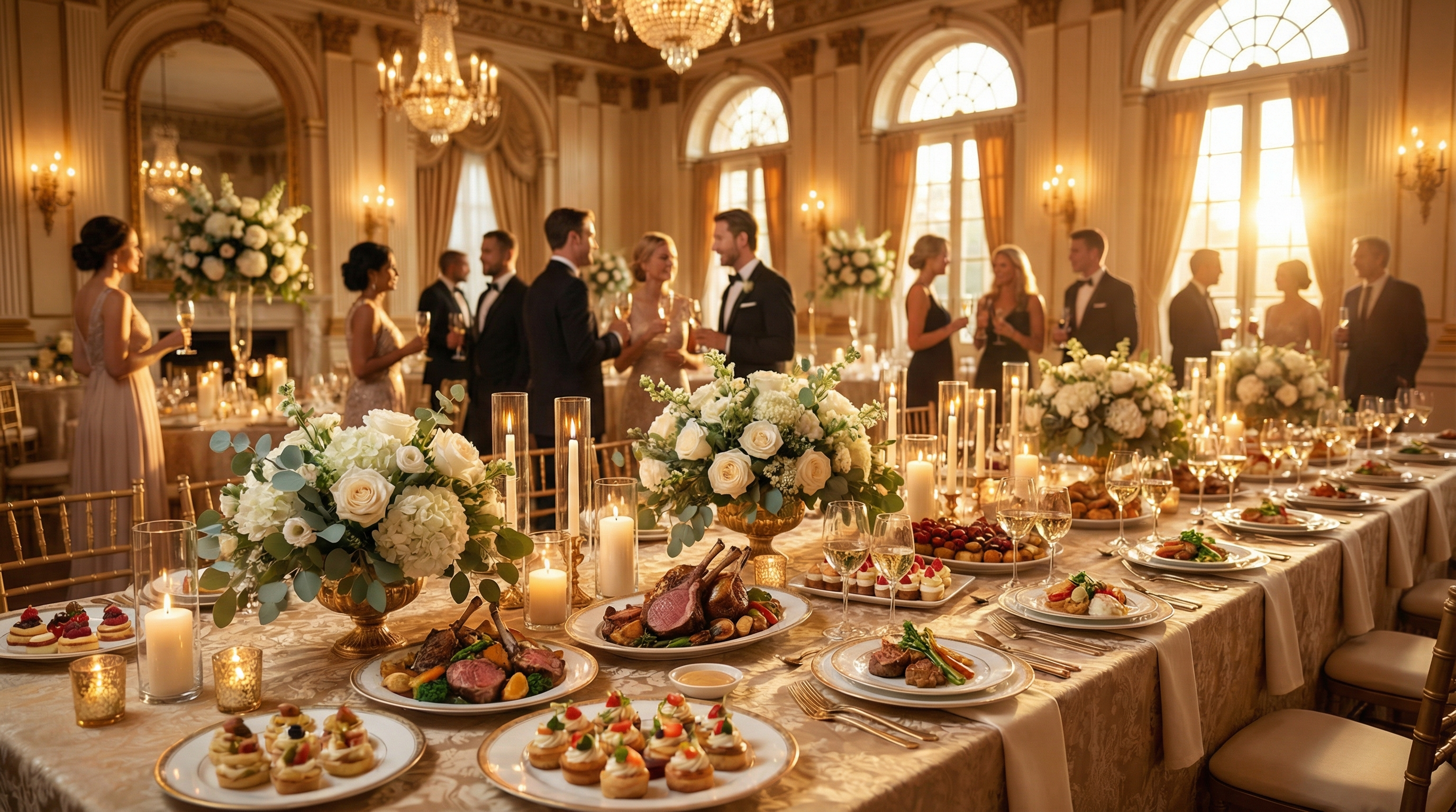 Elegant catering event with beautifully arranged banquet tables