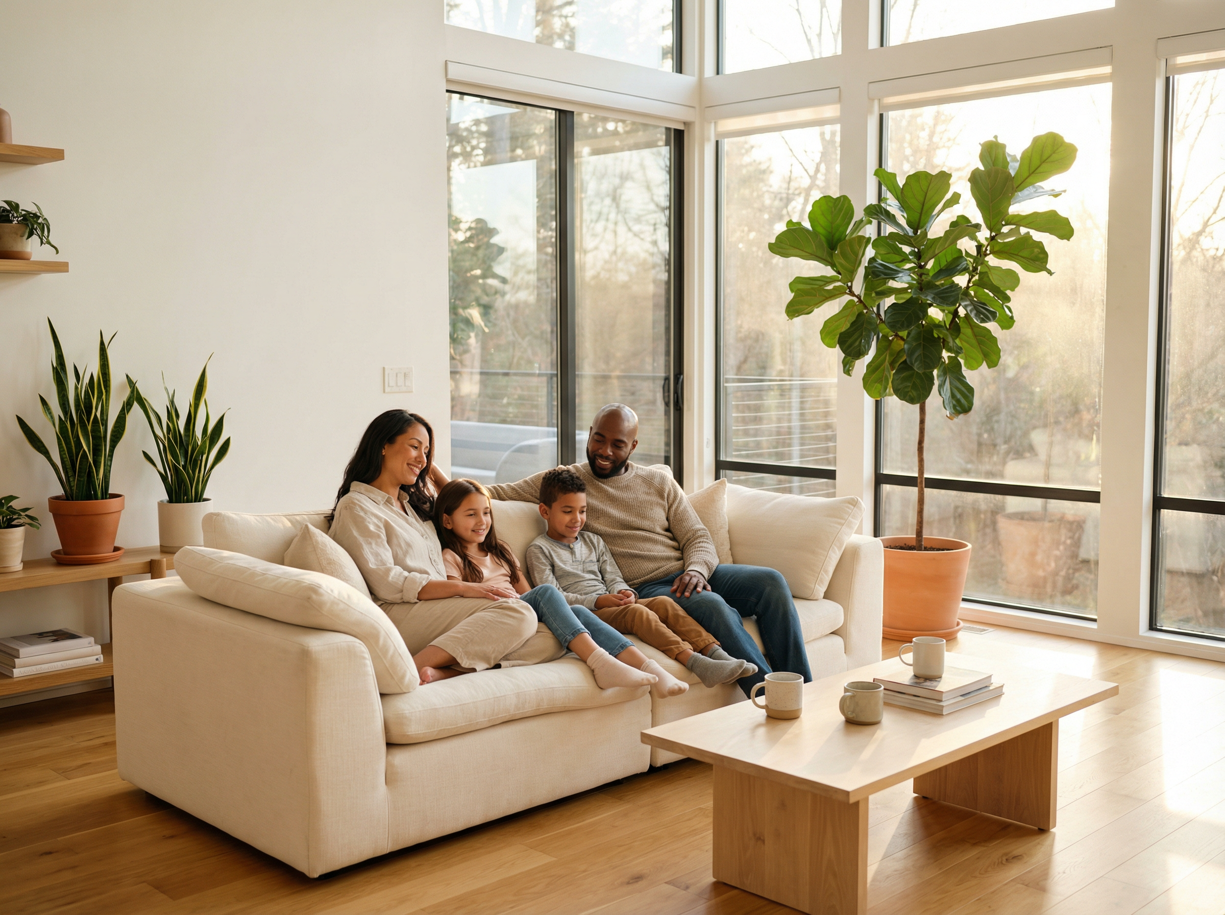 Family relaxing comfortably in a bright, clean living room with fresh indoor air
