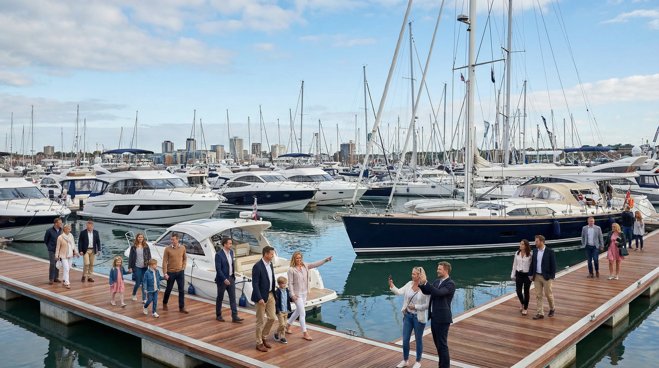Southampton International Boat Show at Mayflower Park with visitors and luxury yachts
