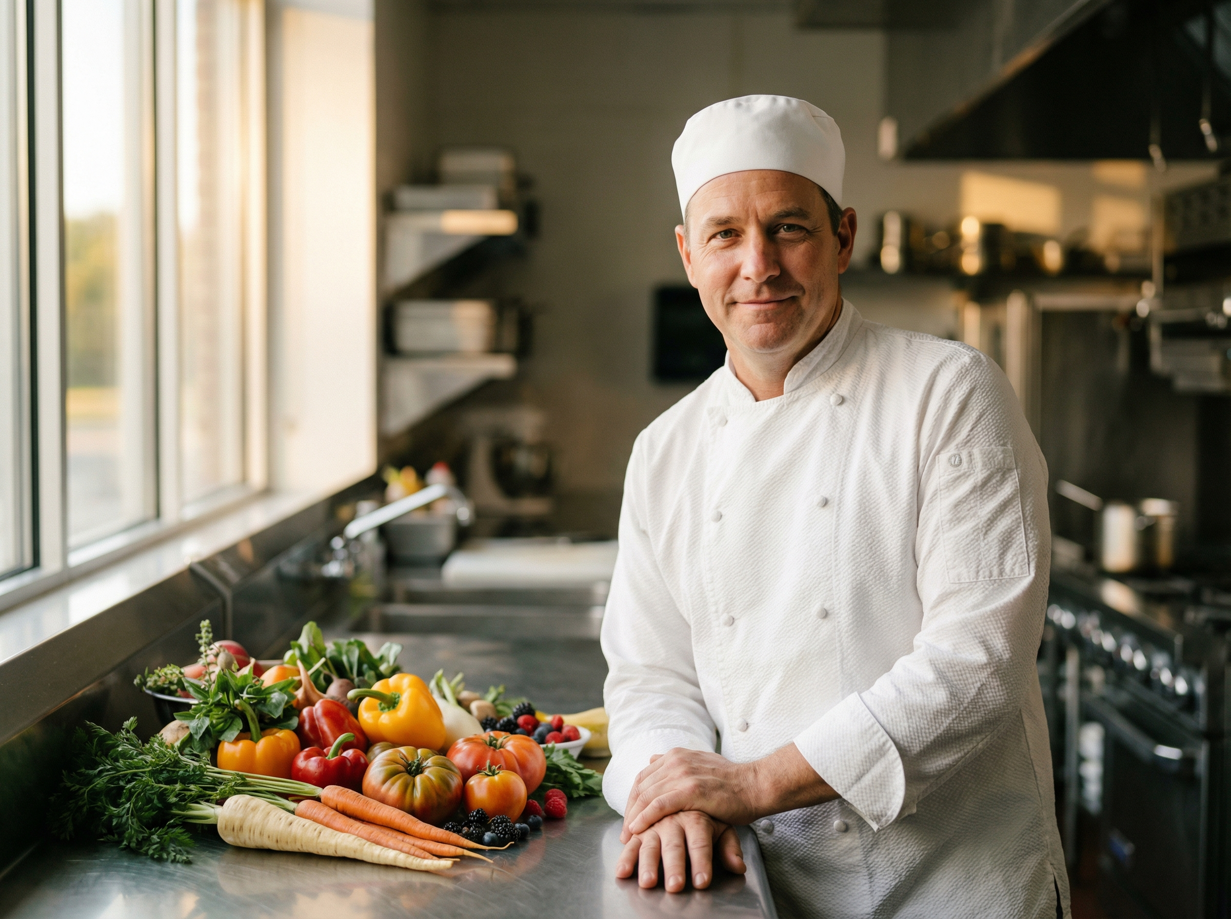 Chef Brian Johnson in his professional kitchen with fresh seasonal ingredients
