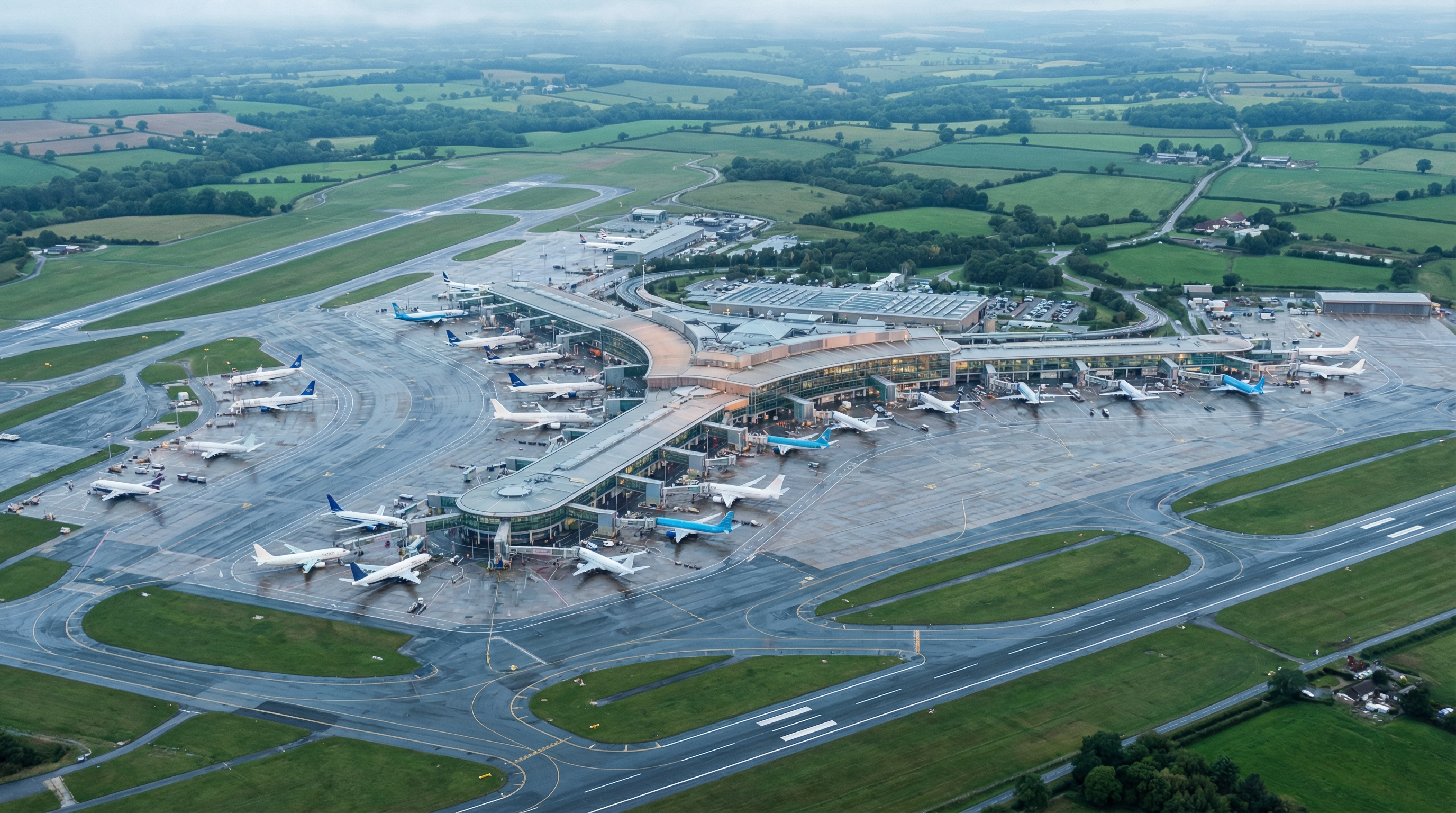 Aerial view of a UK airport showing terminals and runways